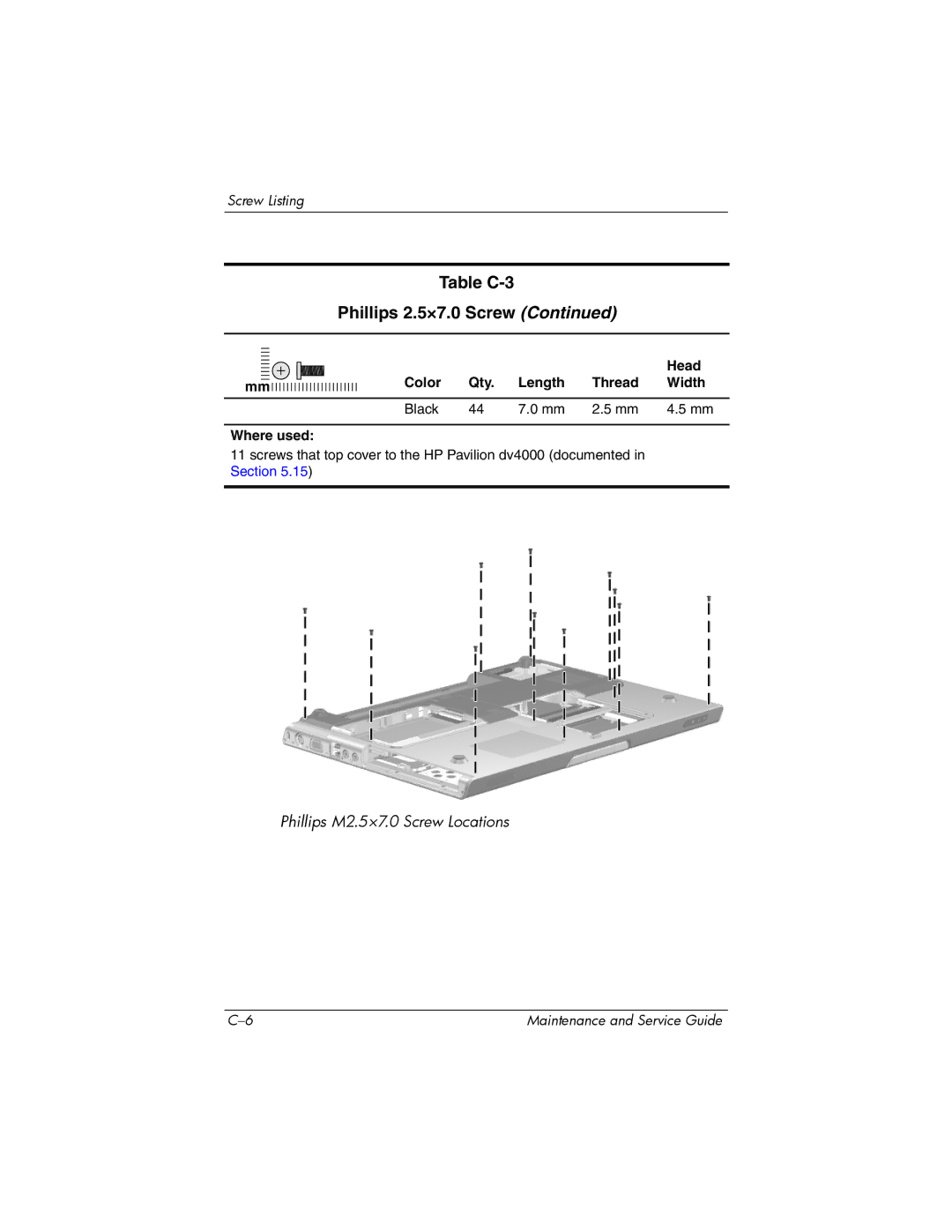 HP V4000, dv4000 manual Table C-3 Phillips 2.5×7.0 Screw 