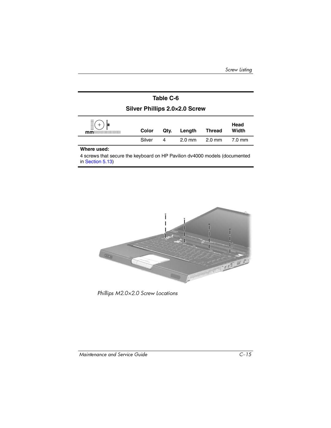 HP dv4000, V4000 manual Table C-6 Silver Phillips 2.0×2.0 Screw, Color Qty Length Thread Width Silver Where used 