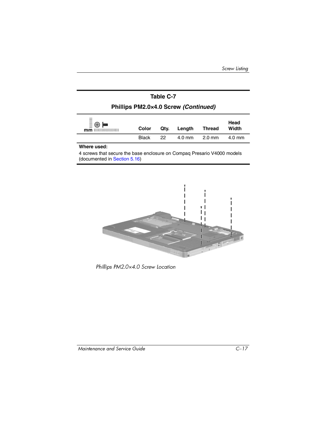 HP dv4000, V4000 manual Table C-7 Phillips PM2.0×4.0 Screw 