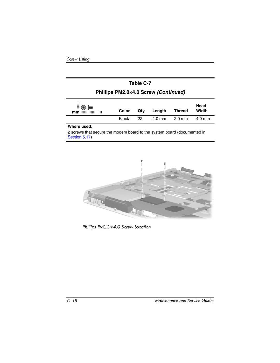 HP V4000, dv4000 manual Table C-7 Phillips PM2.0×4.0 Screw 