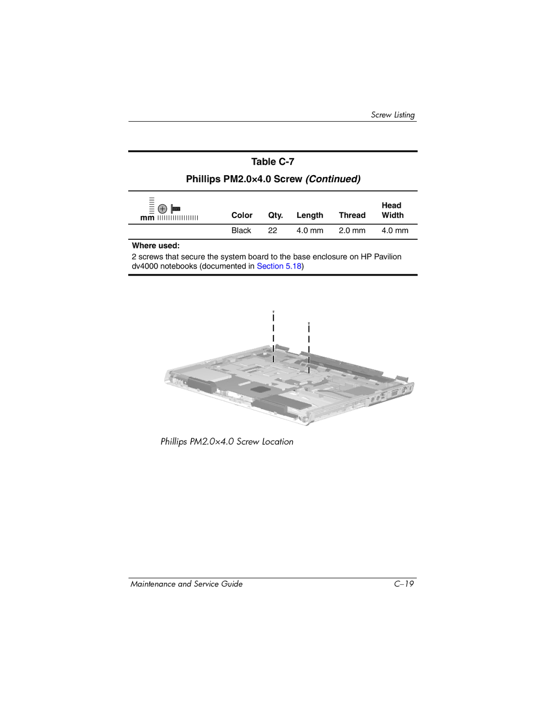 HP dv4000, V4000 manual Table C-7 Phillips PM2.0×4.0 Screw 