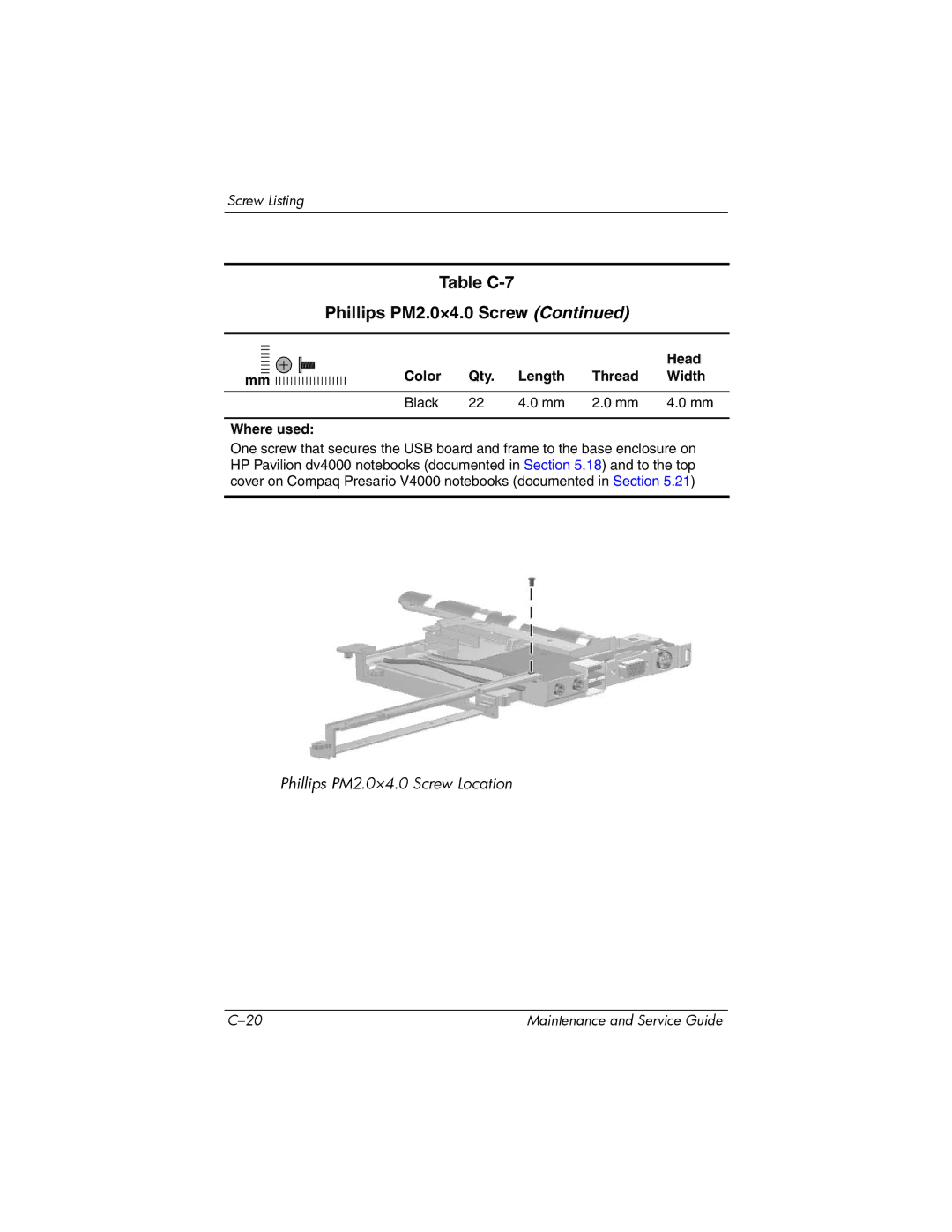 HP V4000, dv4000 manual Table C-7 Phillips PM2.0×4.0 Screw 