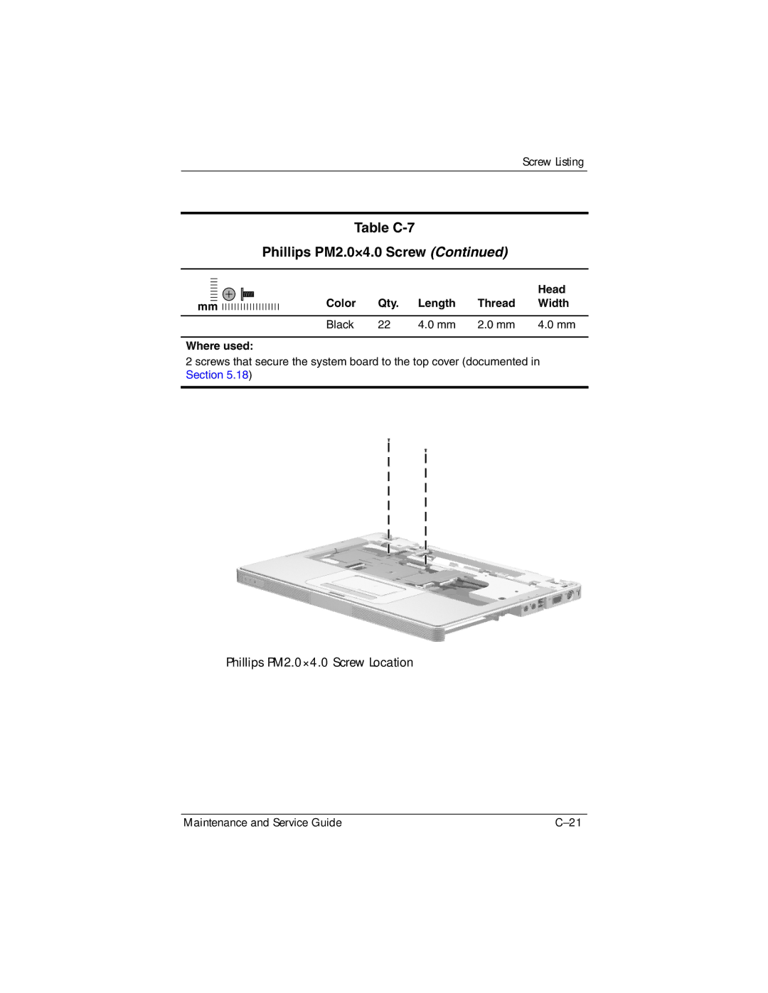 HP dv4000, V4000 manual Table C-7 Phillips PM2.0×4.0 Screw 