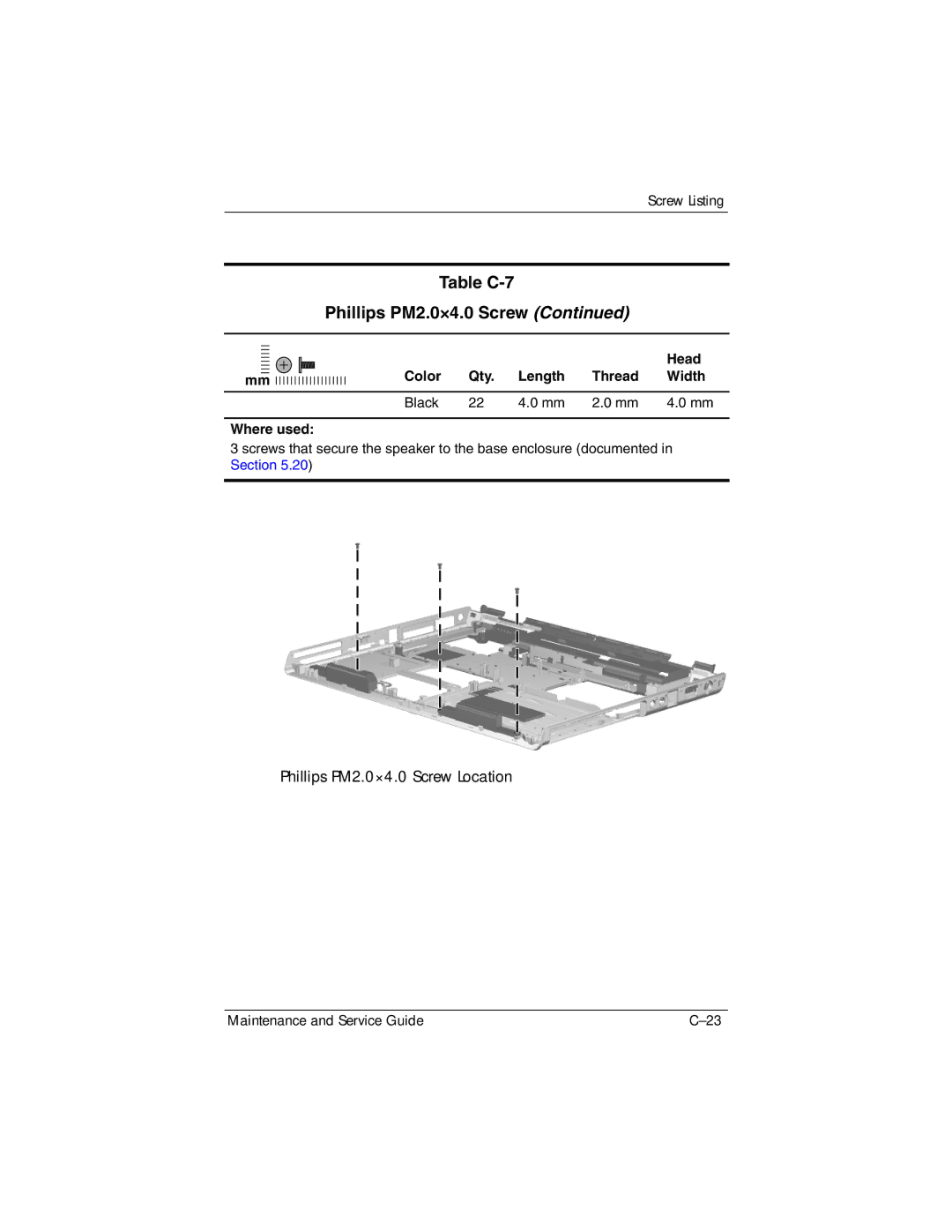 HP dv4000, V4000 manual Table C-7 Phillips PM2.0×4.0 Screw 