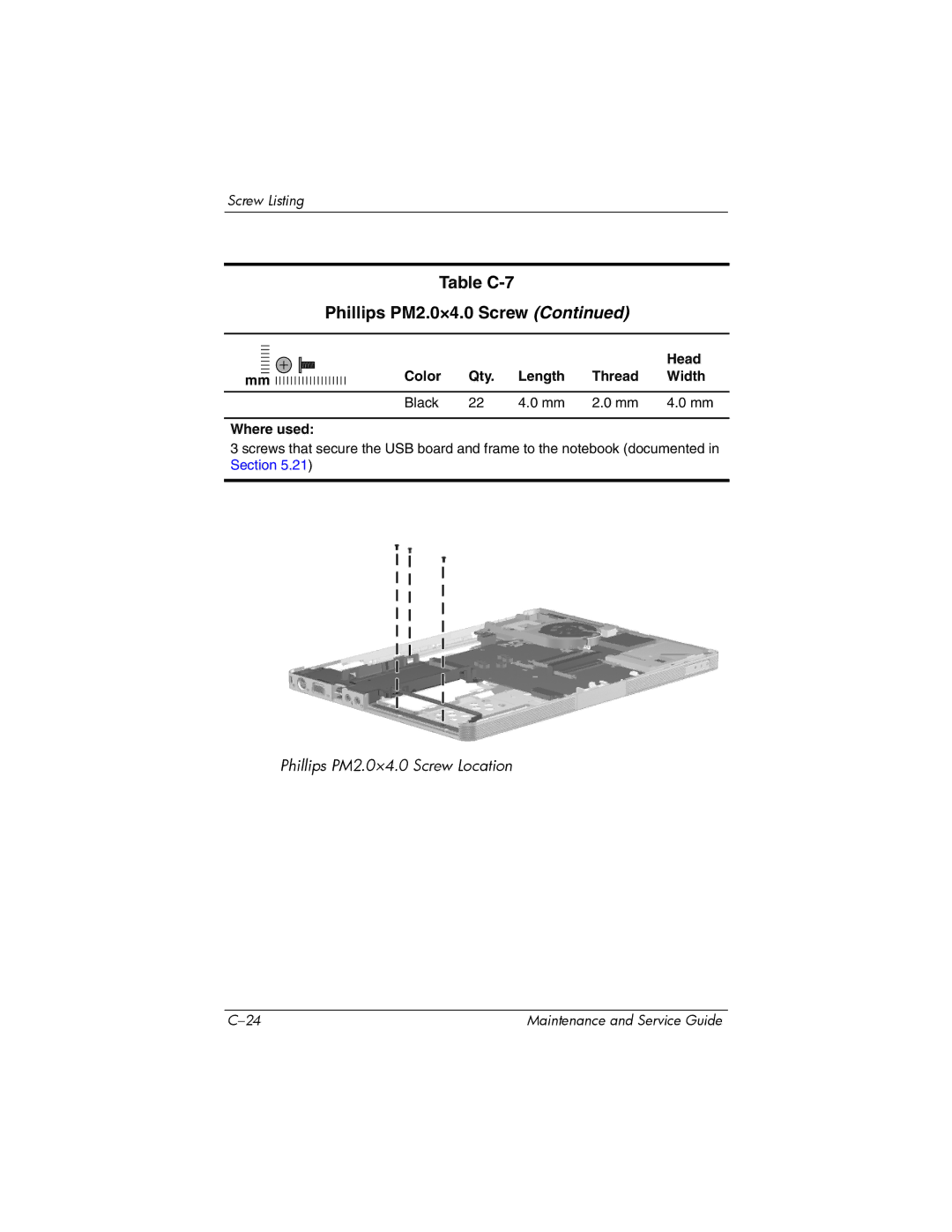 HP V4000, dv4000 manual Table C-7 Phillips PM2.0×4.0 Screw 