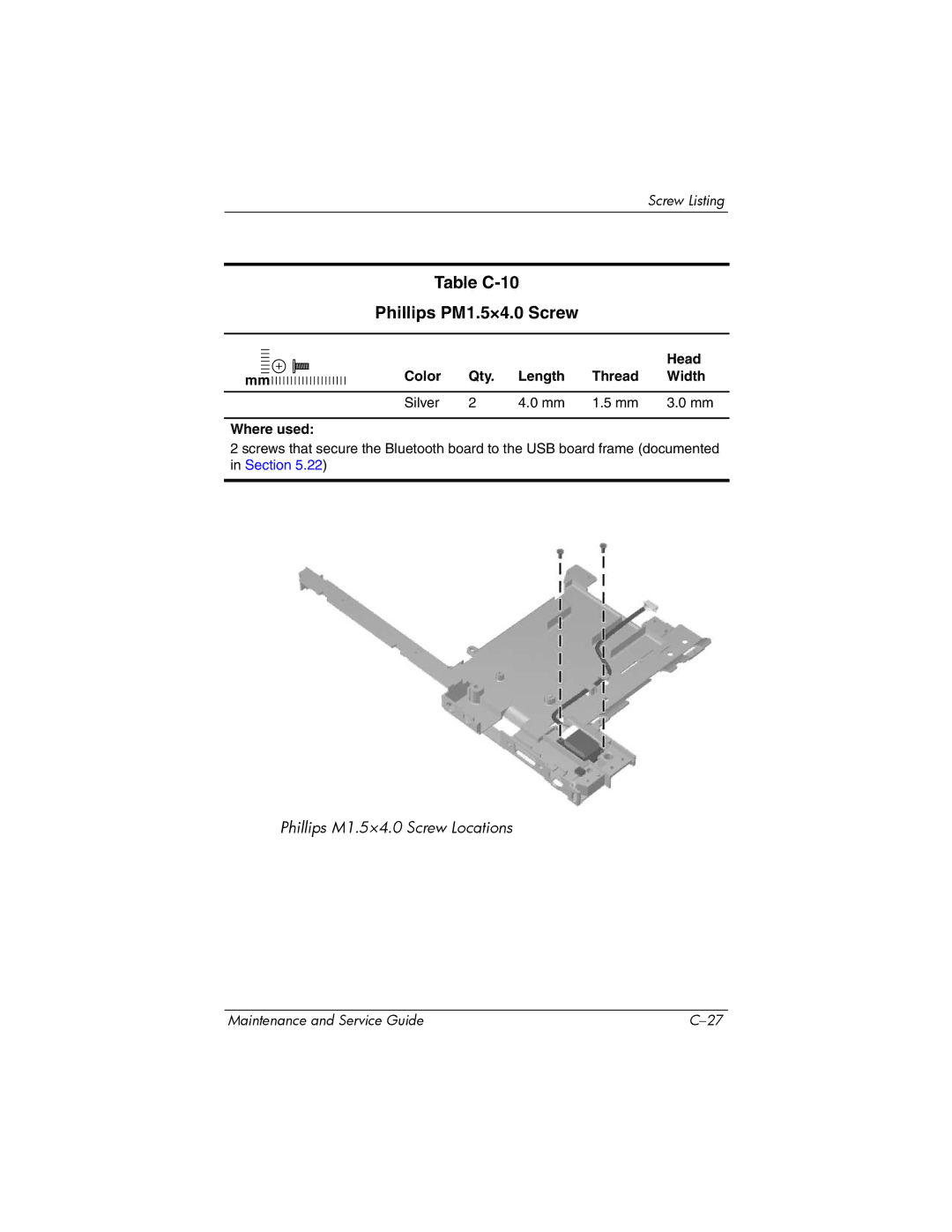 HP dv4000, V4000 manual Table C-10 Phillips PM1.5×4.0 Screw 