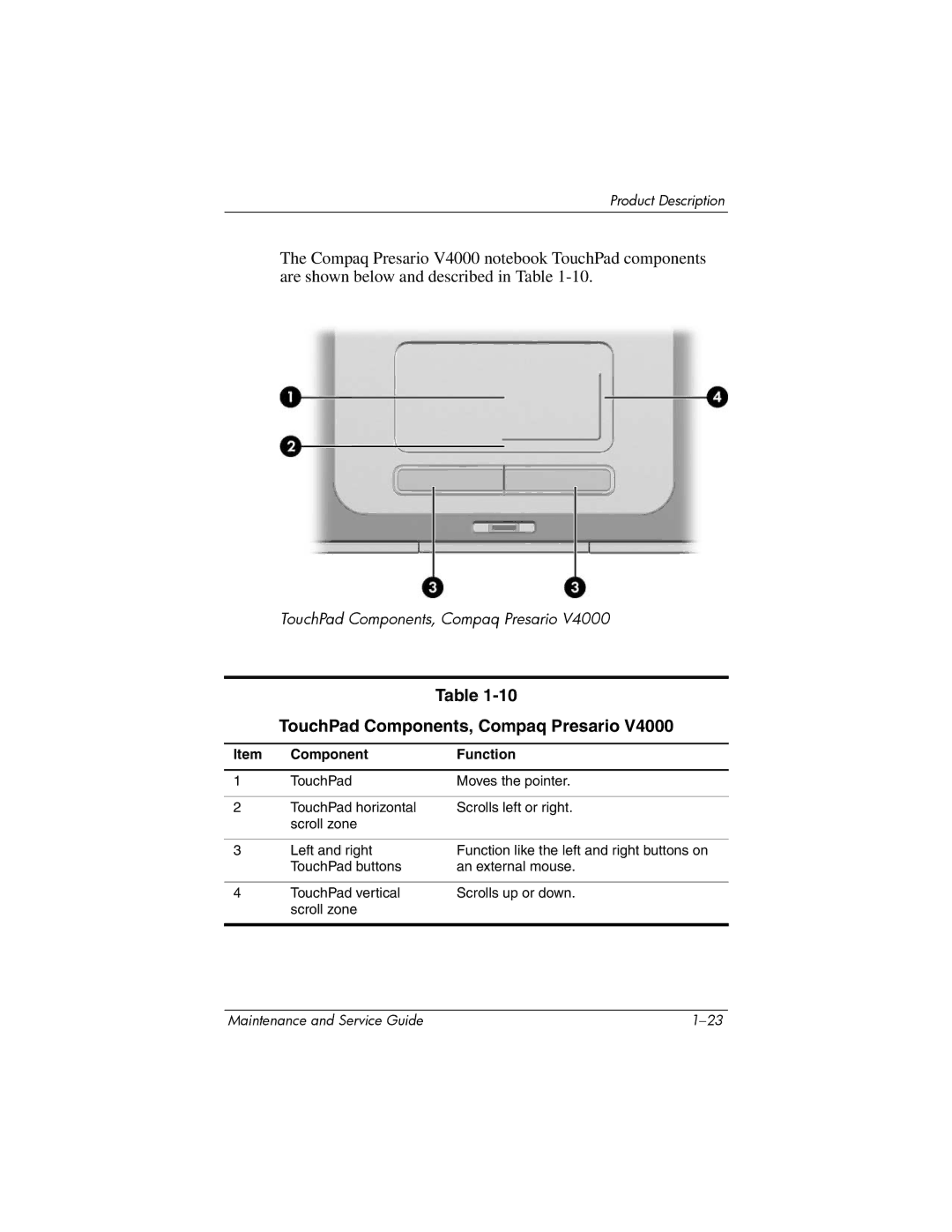 HP V4000, dv4000 manual TouchPad Components, Compaq Presario 