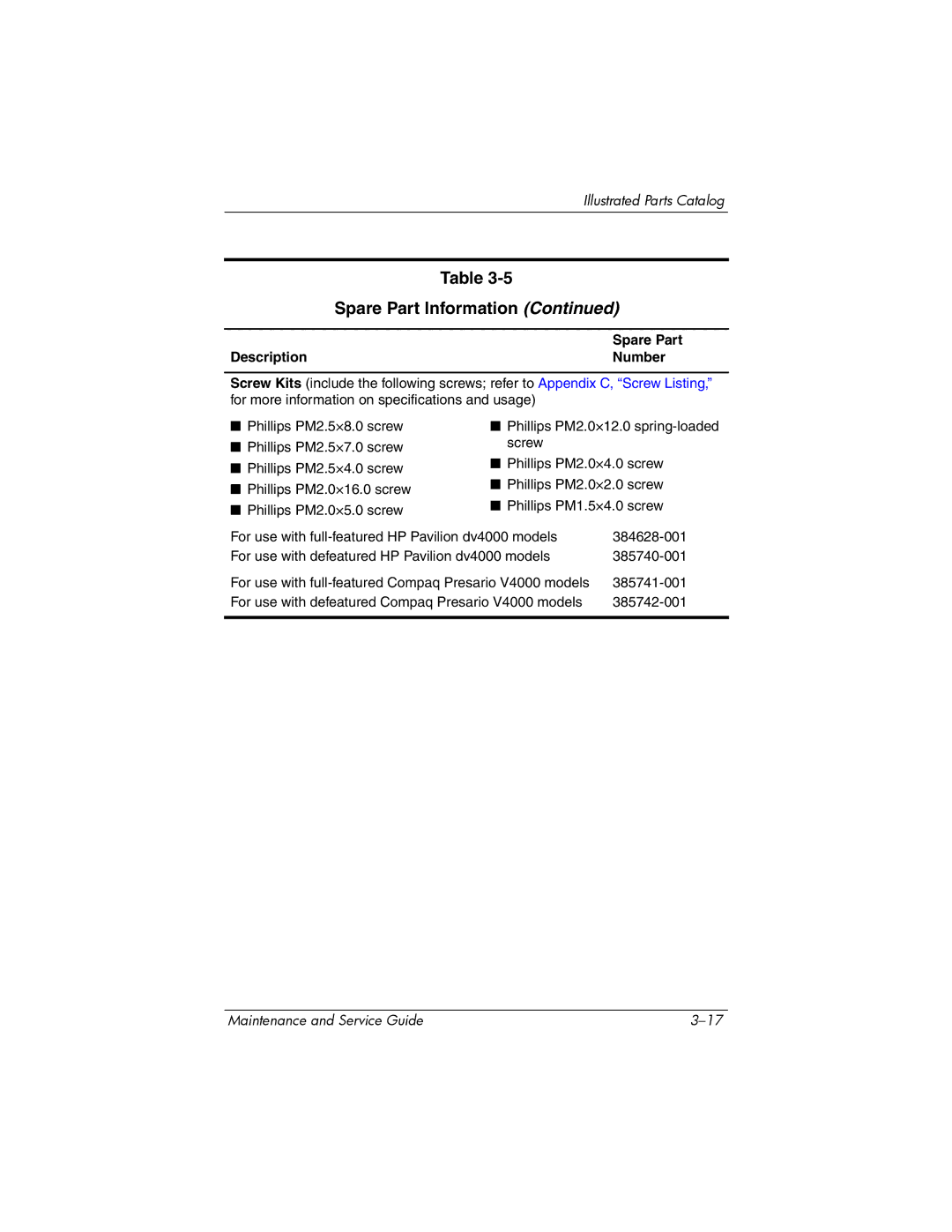 HP dv4000, V4000 manual Spare Part Information 