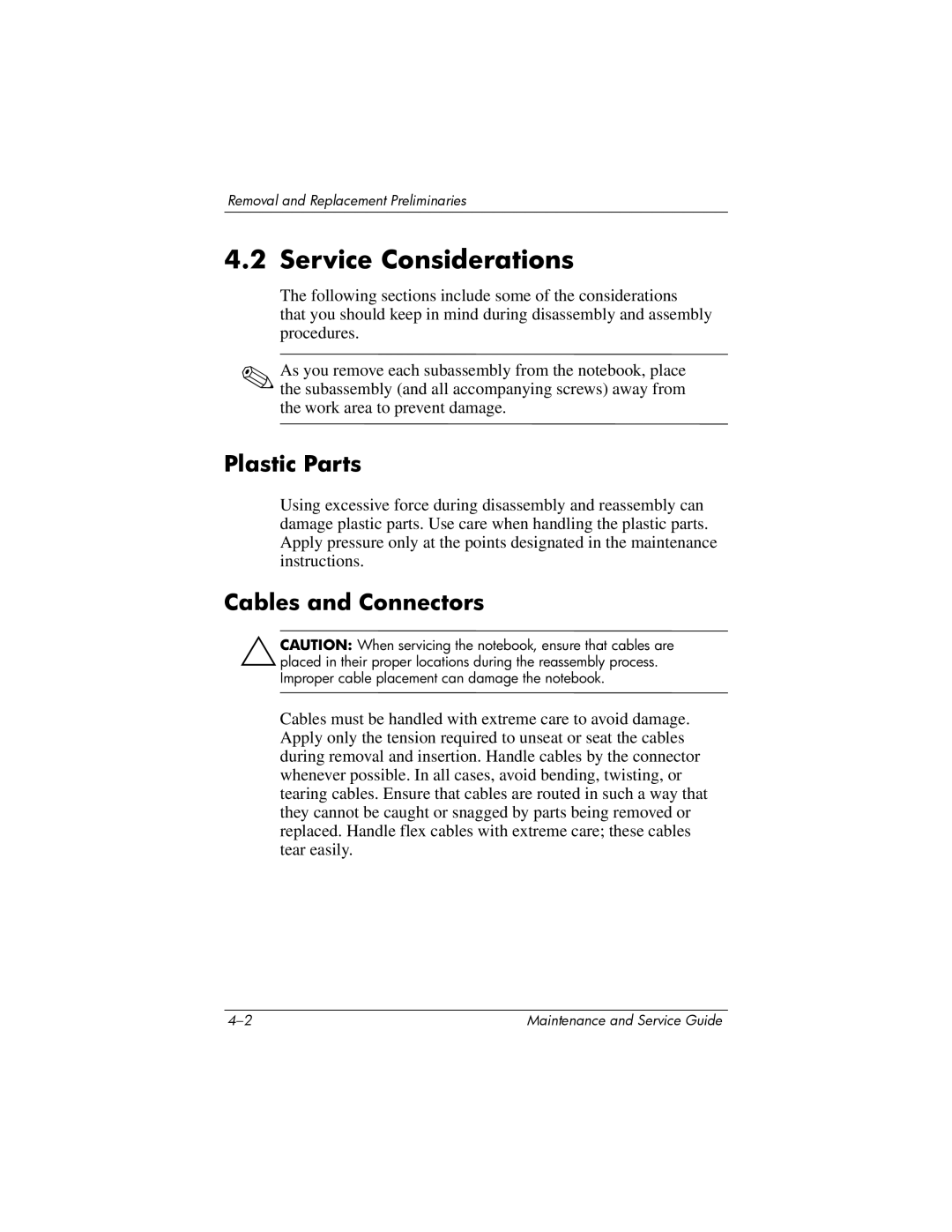 HP V4000, dv4000 manual Service Considerations, Plastic Parts 