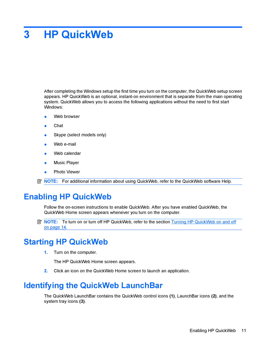 HP DV5-2077CL manual Enabling HP QuickWeb, Starting HP QuickWeb, Identifying the QuickWeb LaunchBar 