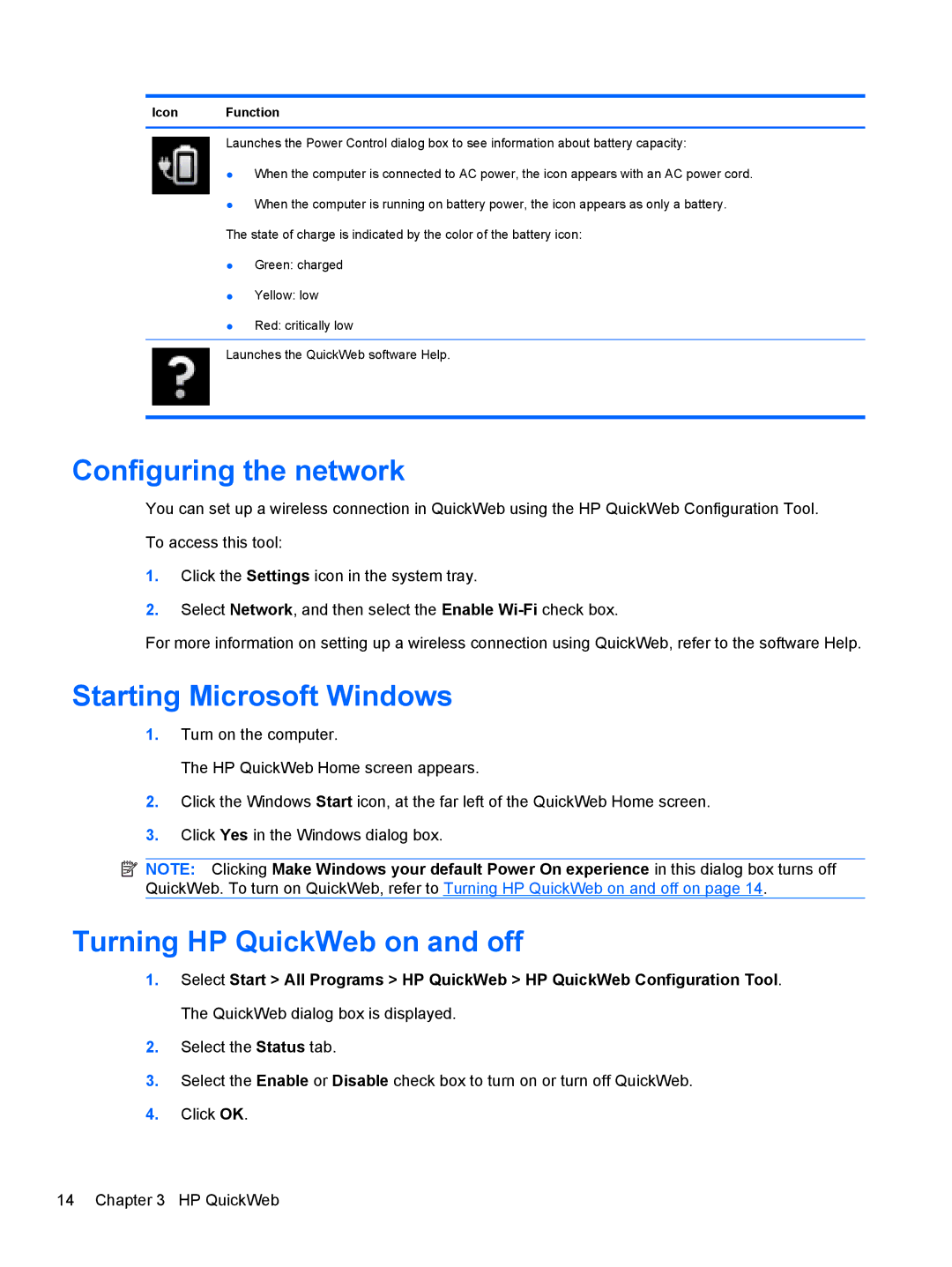 HP DV5-2077CL manual Configuring the network, Starting Microsoft Windows, Turning HP QuickWeb on and off 