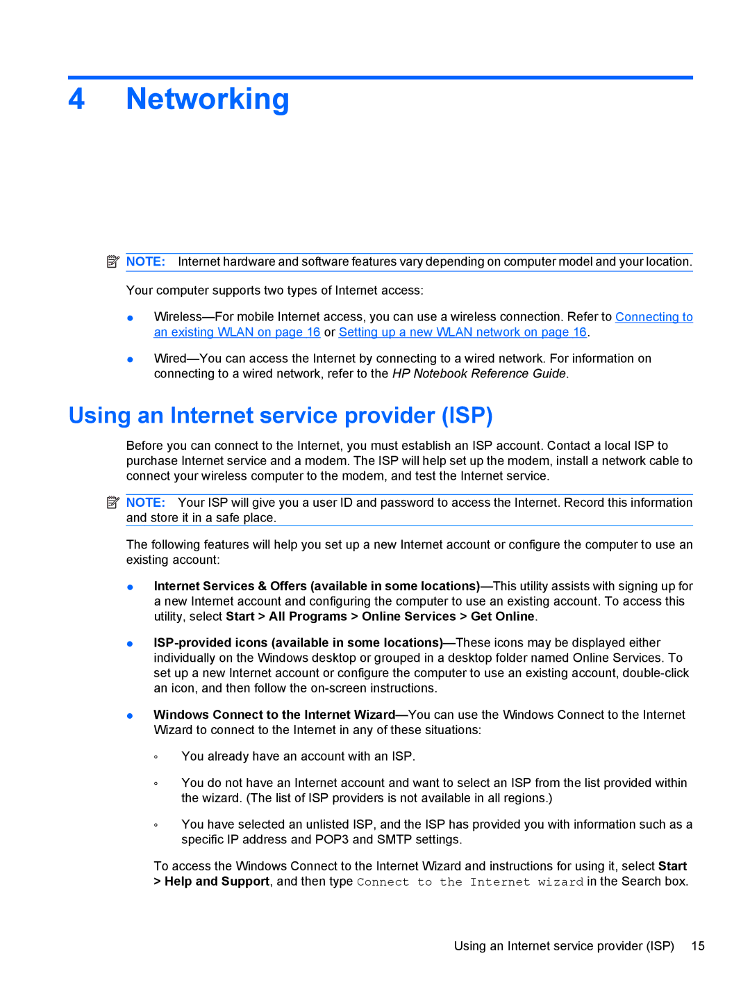 HP DV5-2077CL manual Networking, Using an Internet service provider ISP 