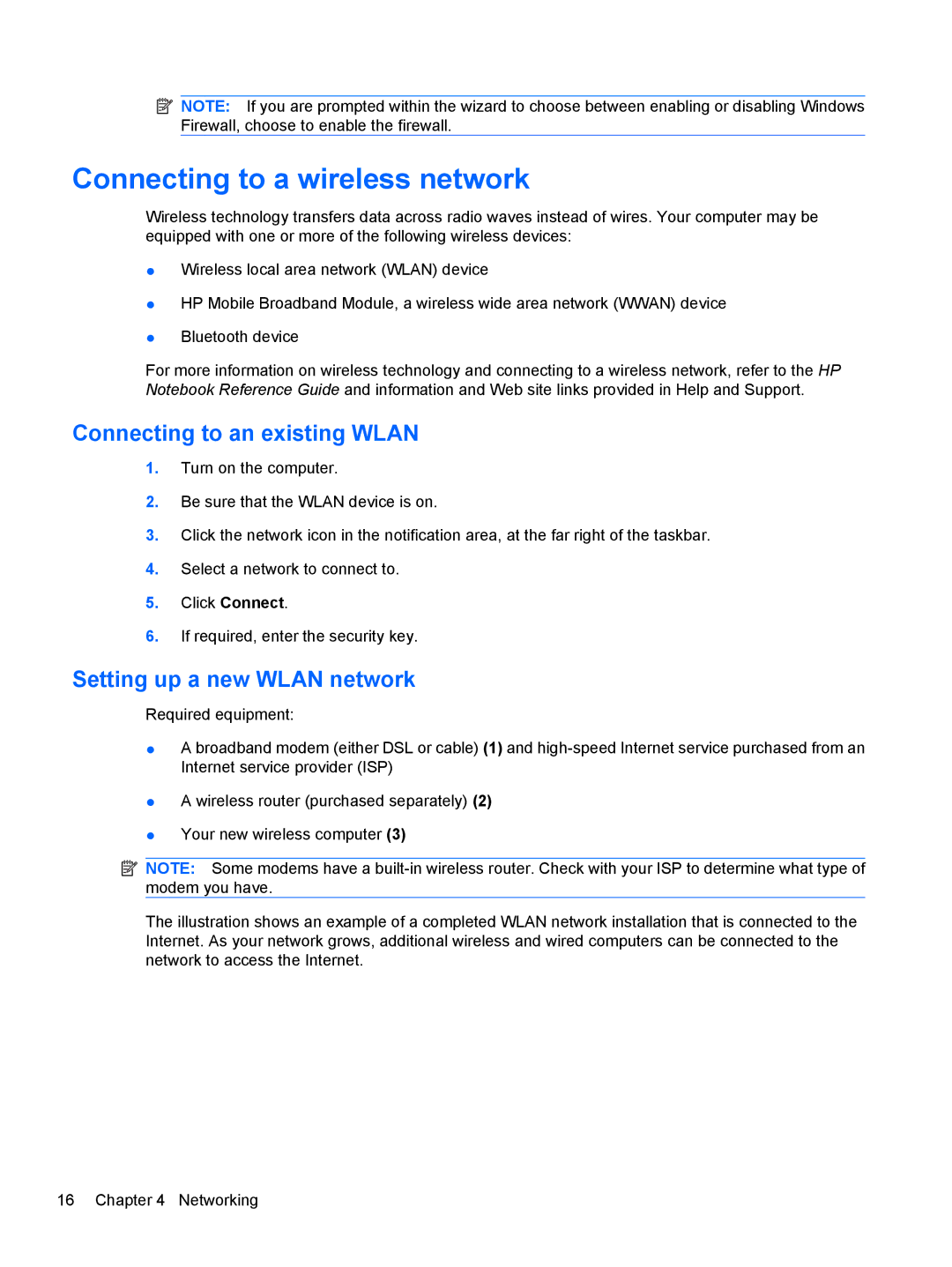 HP DV5-2077CL manual Connecting to a wireless network, Connecting to an existing Wlan, Setting up a new Wlan network 