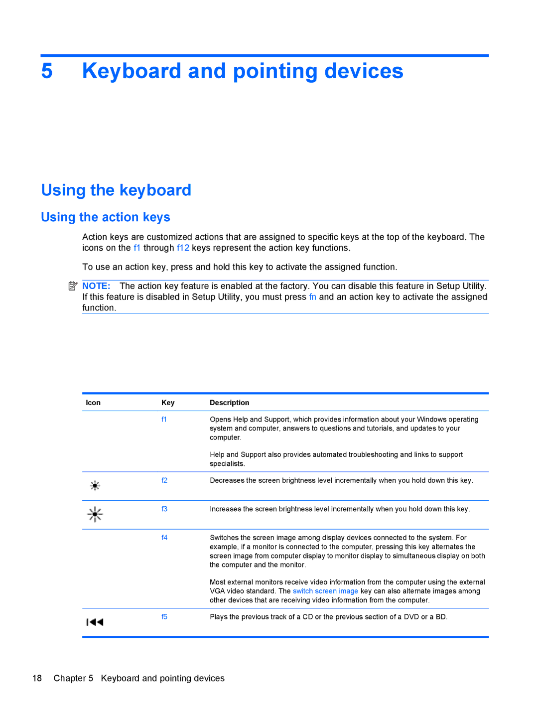 HP DV5-2077CL manual Keyboard and pointing devices, Using the keyboard, Using the action keys 