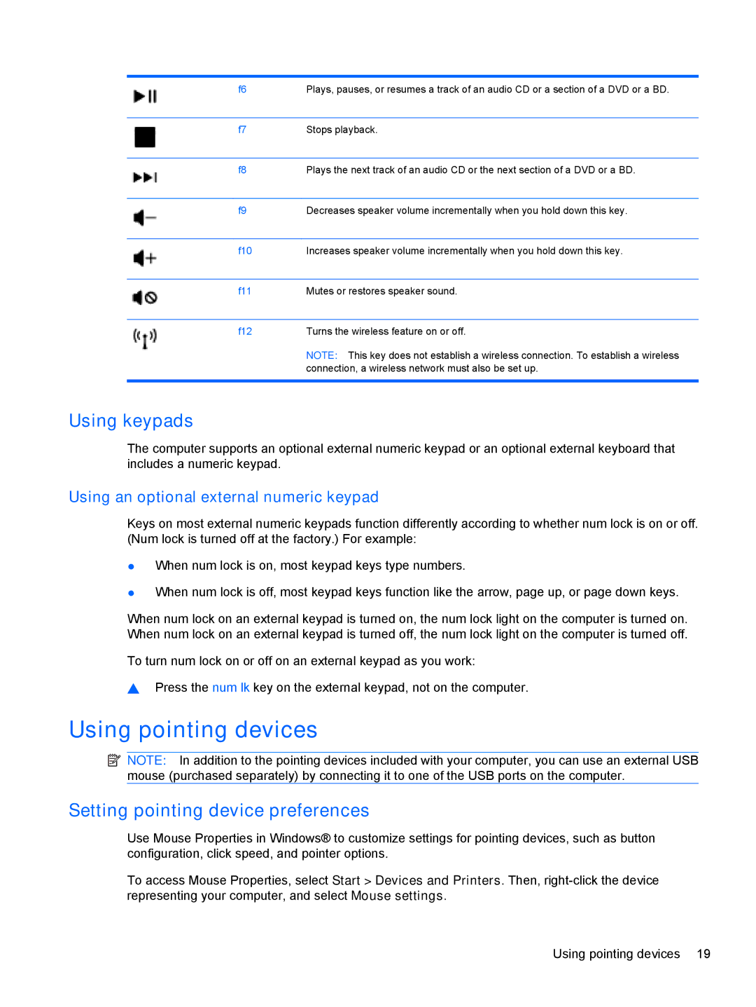 HP DV5-2077CL manual Using pointing devices, Using keypads, Setting pointing device preferences 