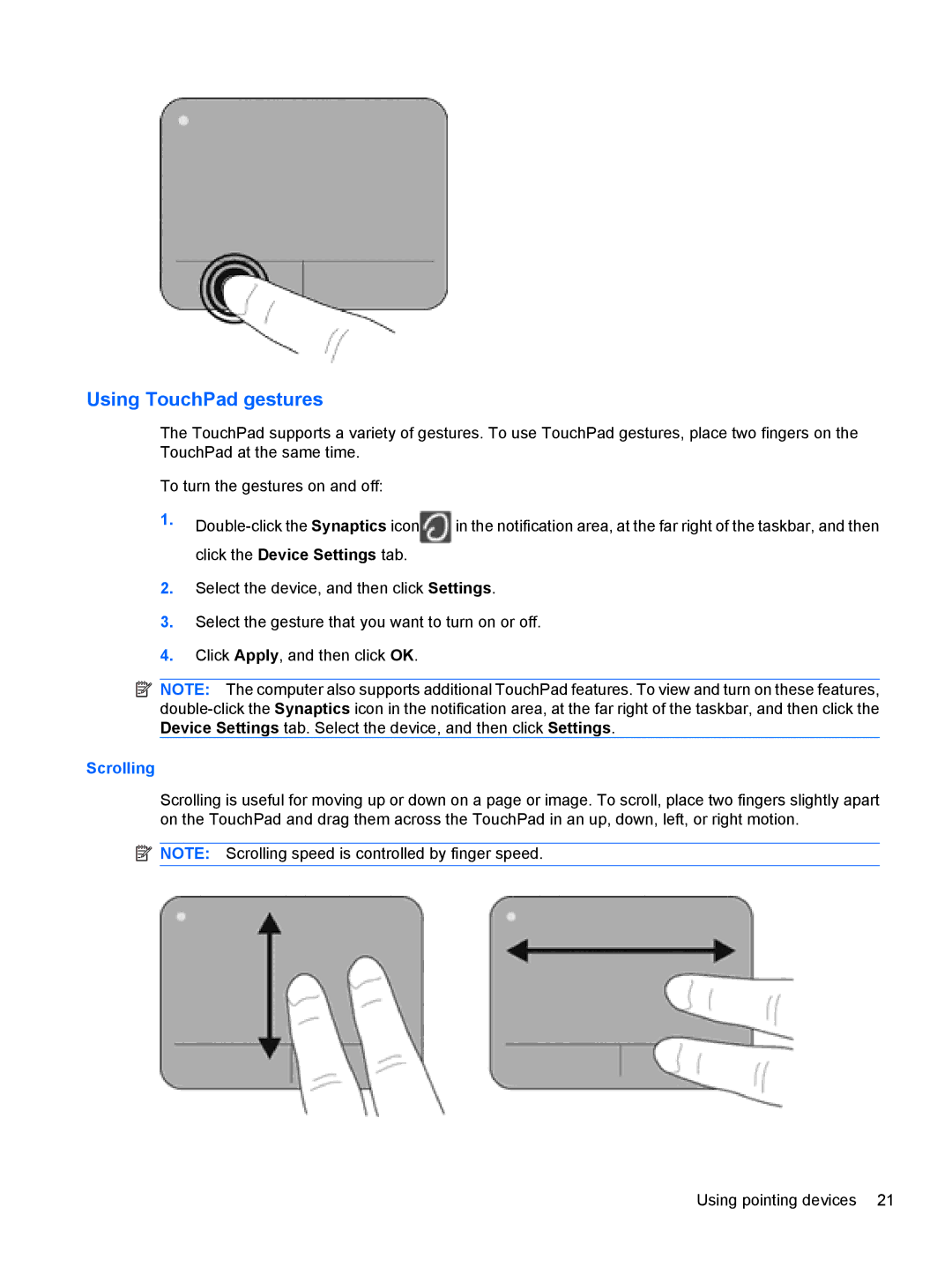 HP DV5-2077CL manual Using TouchPad gestures 