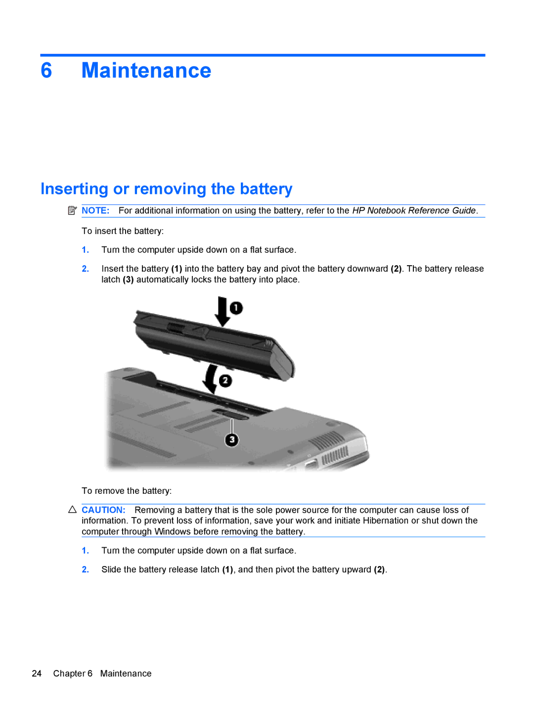 HP DV5-2077CL manual Maintenance, Inserting or removing the battery 