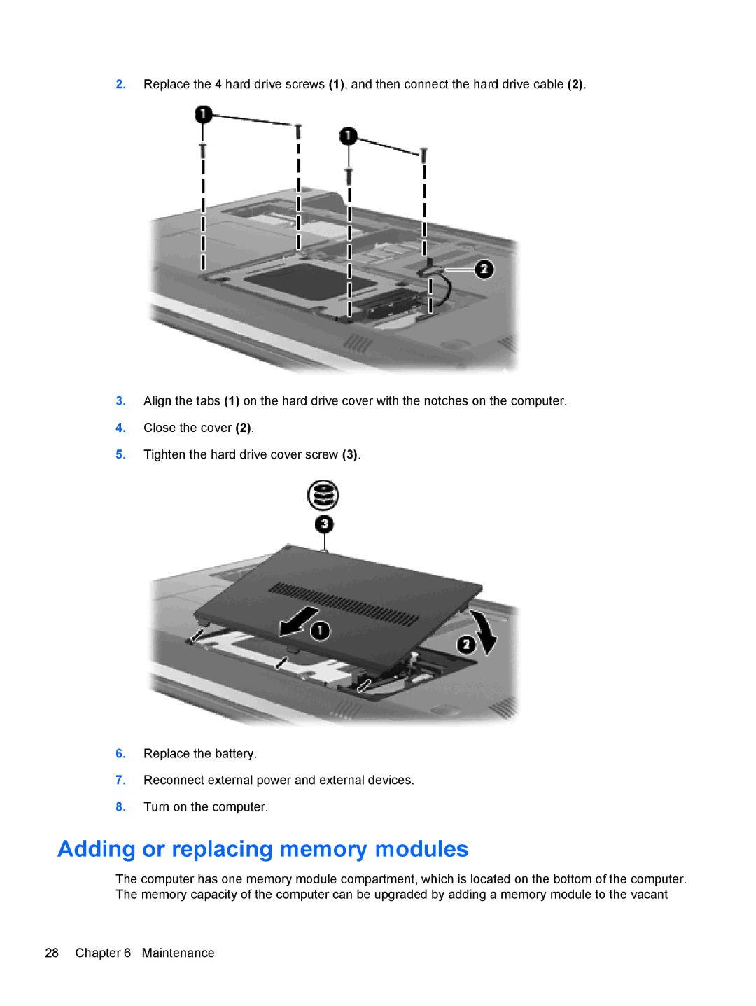 HP DV5-2077CL manual Adding or replacing memory modules 