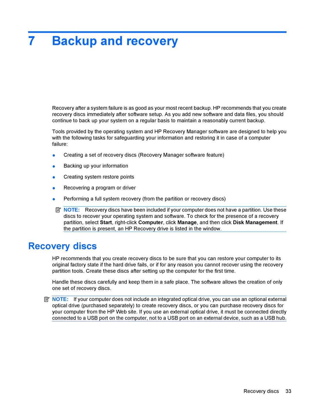 HP DV5-2077CL manual Backup and recovery, Recovery discs 