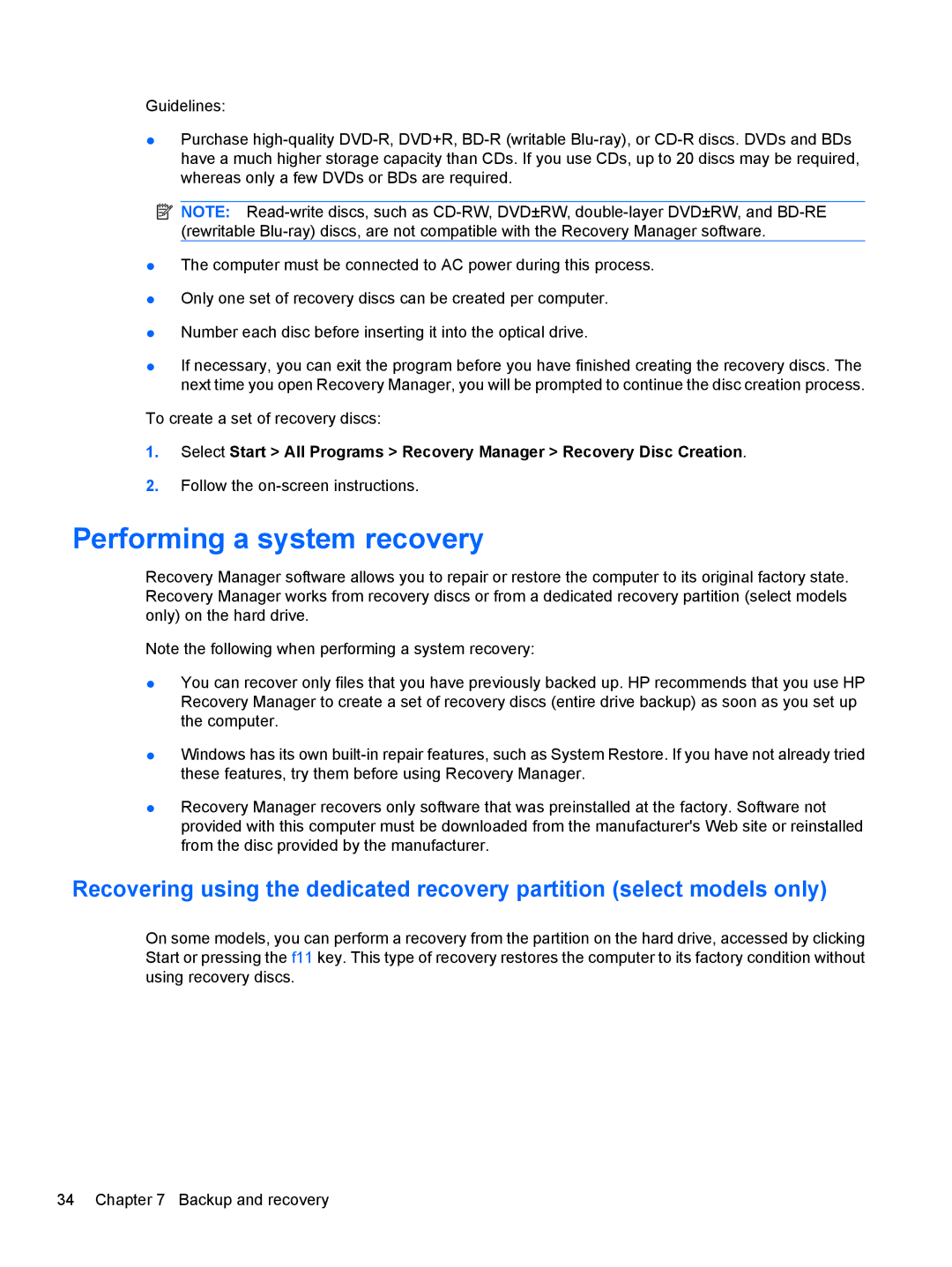 HP DV5-2077CL manual Performing a system recovery 