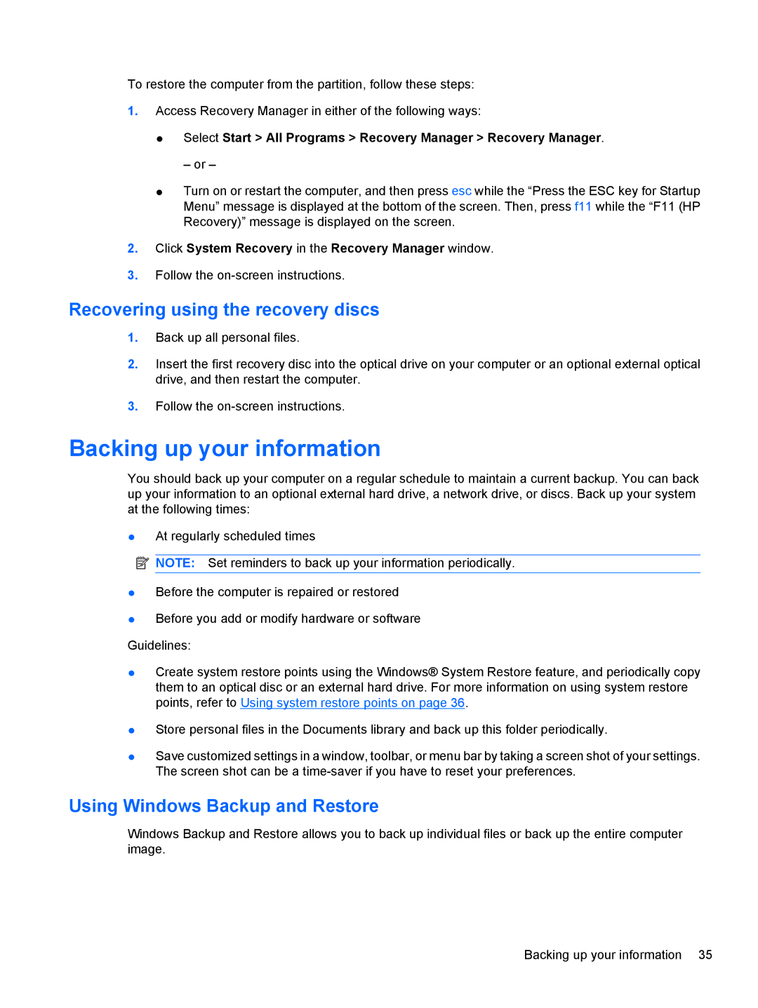 HP DV5-2077CL manual Backing up your information, Recovering using the recovery discs, Using Windows Backup and Restore 