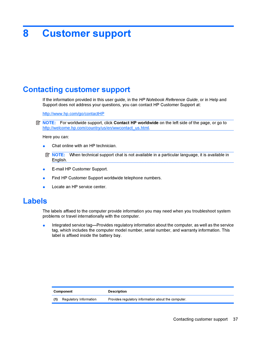 HP DV5-2077CL manual Customer support, Contacting customer support, Labels 