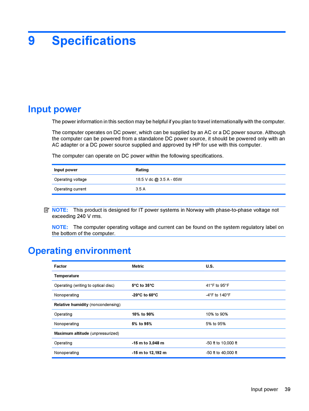 HP DV5-2077CL manual Specifications, Input power, Operating environment 