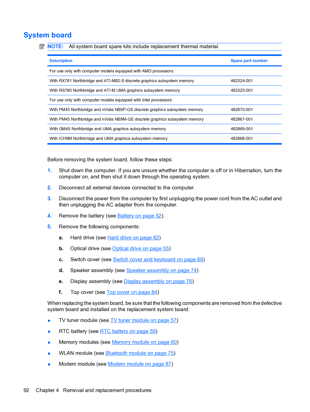 HP DV5 manual System board, Description Spare part number 