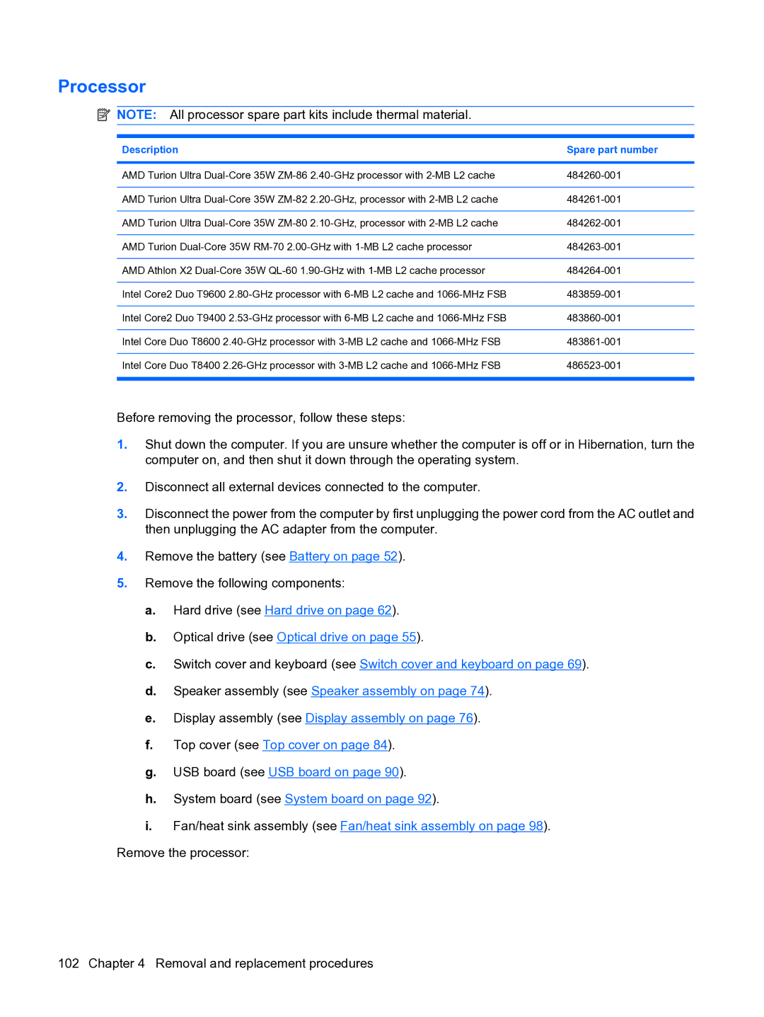 HP DV5 manual Processor, Description Spare part number 