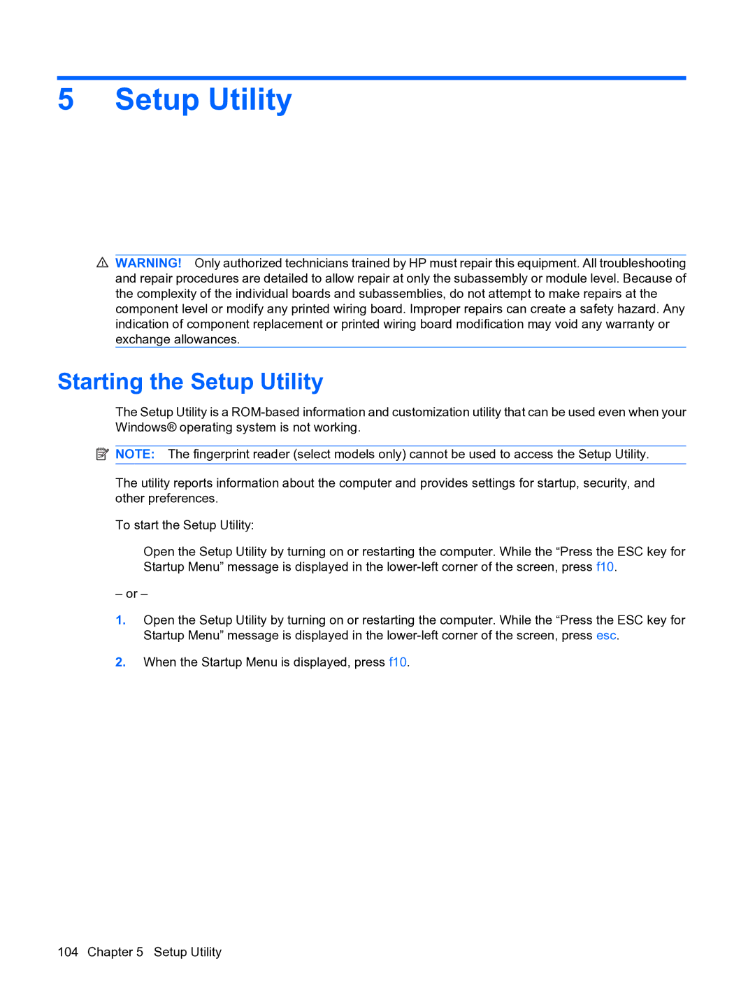 HP DV5 manual Starting the Setup Utility 