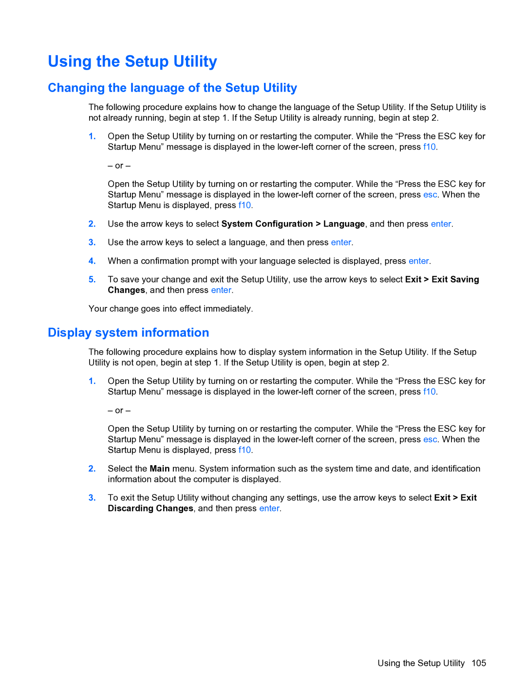 HP DV5 manual Using the Setup Utility, Changing the language of the Setup Utility, Display system information 