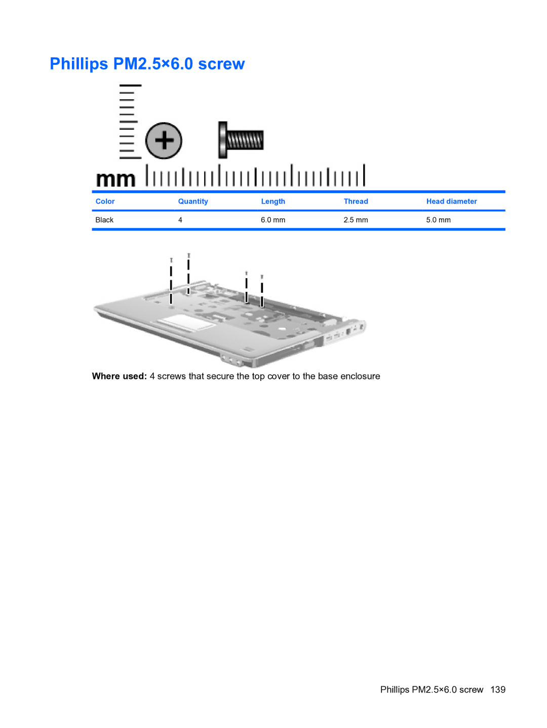 HP DV5 manual Phillips PM2.5×6.0 screw, Color Quantity Length Thread Head diameter Black 