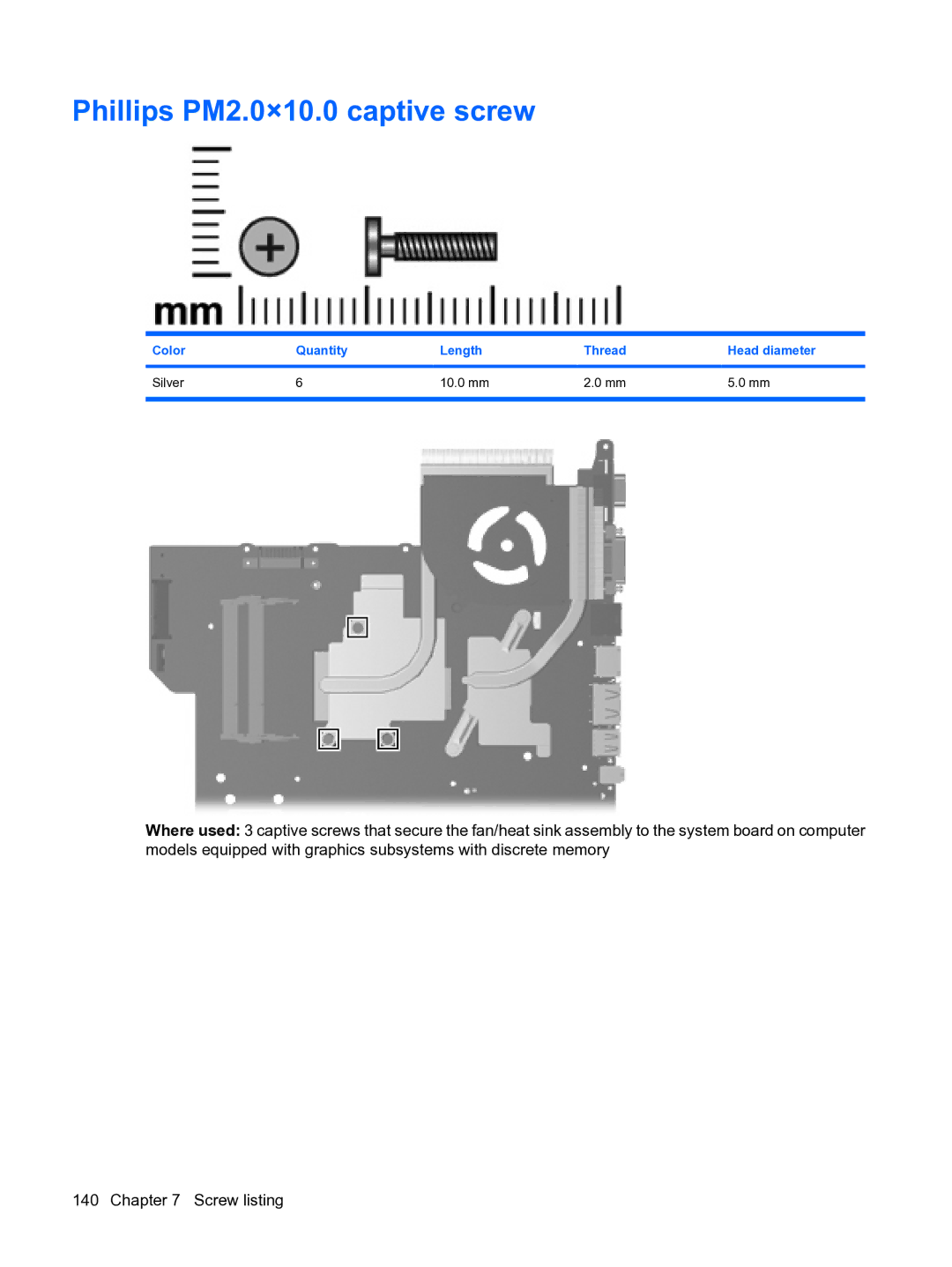 HP DV5 manual Phillips PM2.0×10.0 captive screw, Color Quantity Length Thread Head diameter Silver 10.0 mm 