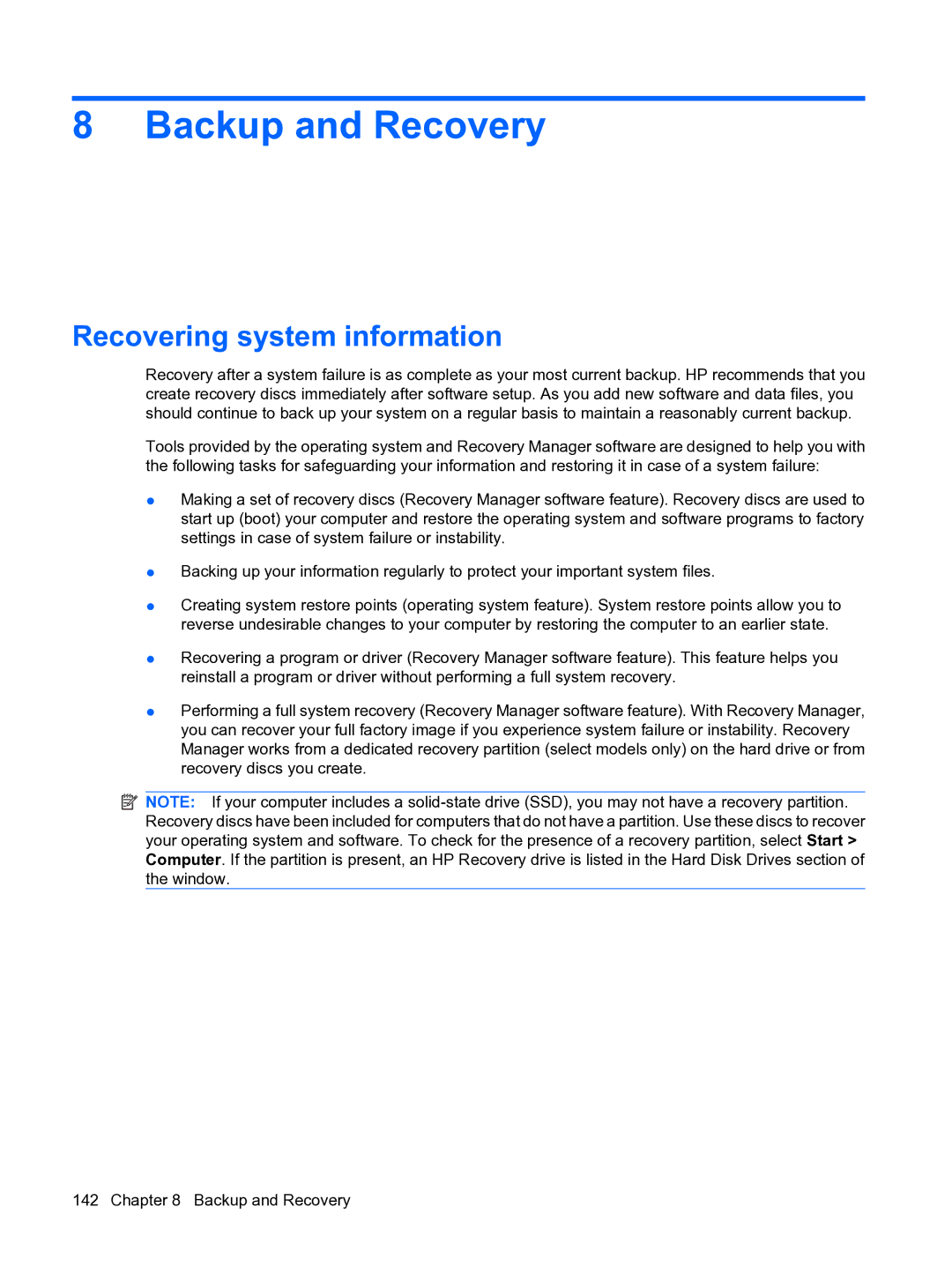 HP DV5 manual Backup and Recovery, Recovering system information 