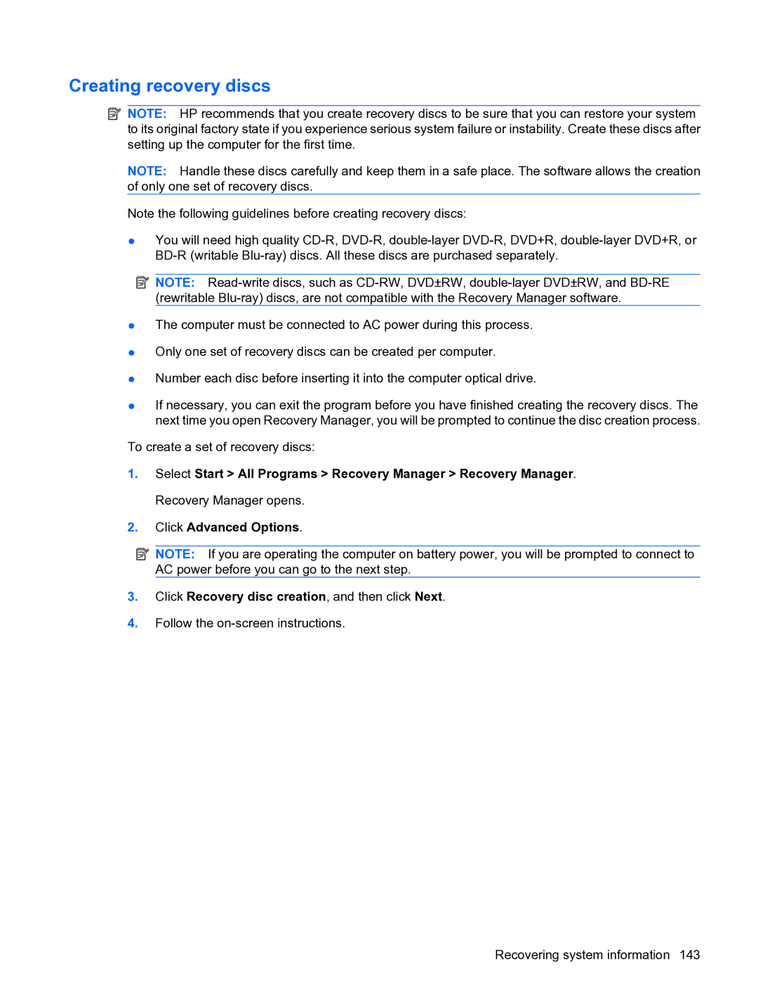 HP DV5 manual Creating recovery discs 