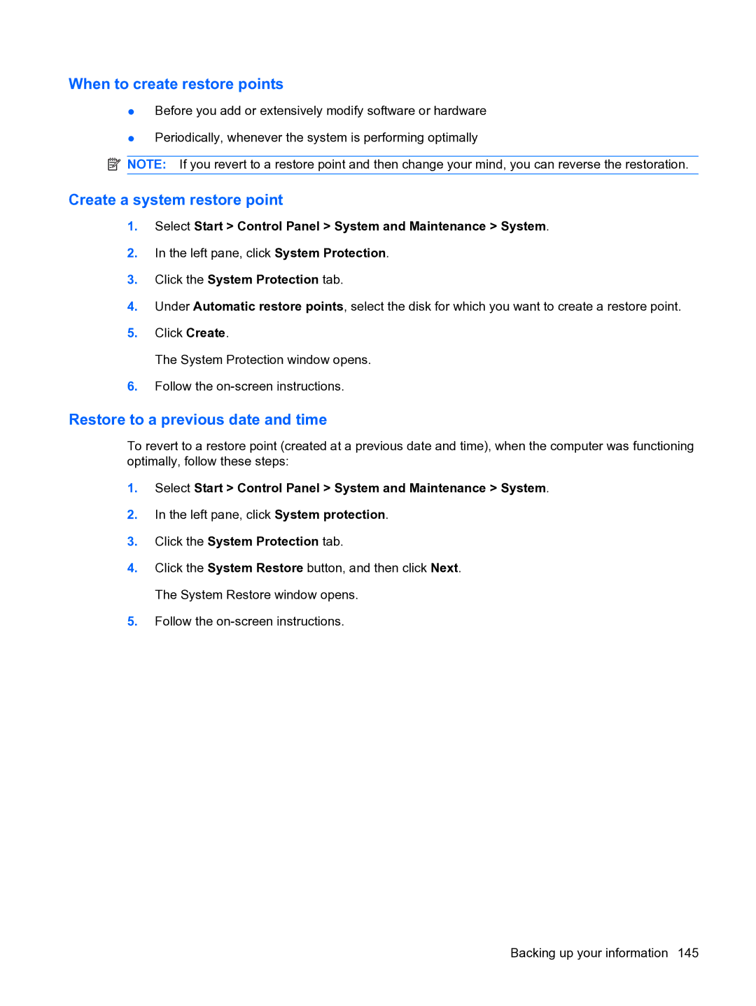 HP DV5 manual When to create restore points 