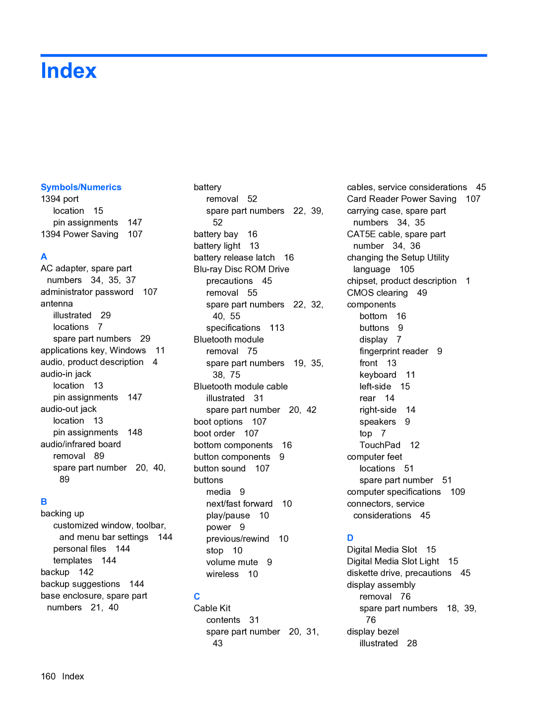 HP DV5 manual Index, Symbols/Numerics 