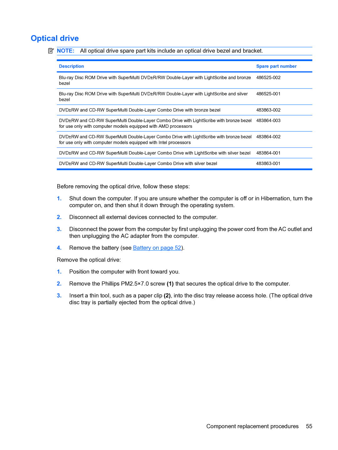 HP DV5 manual Optical drive 