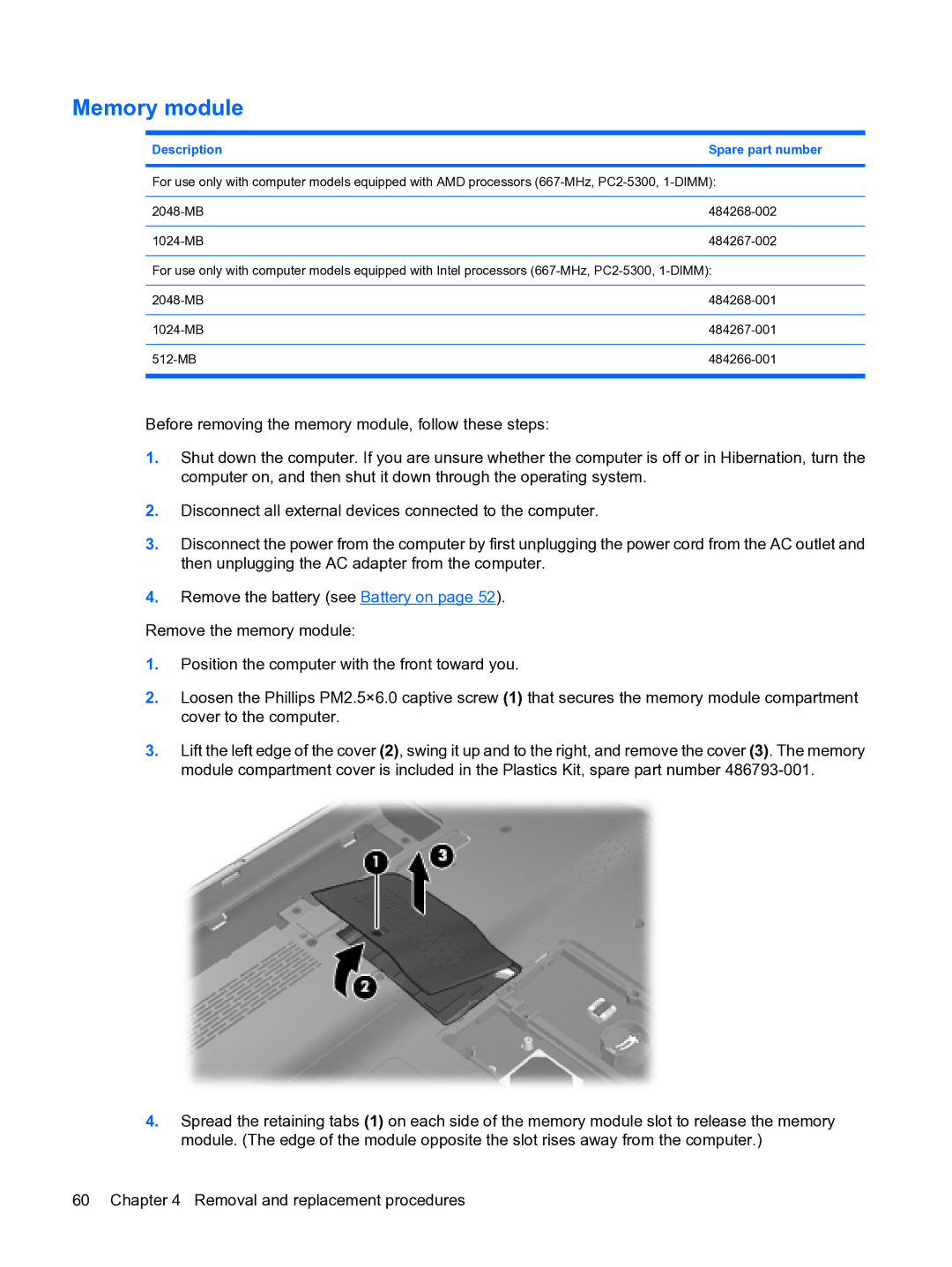 HP DV5 manual Memory module, Description Spare part number 