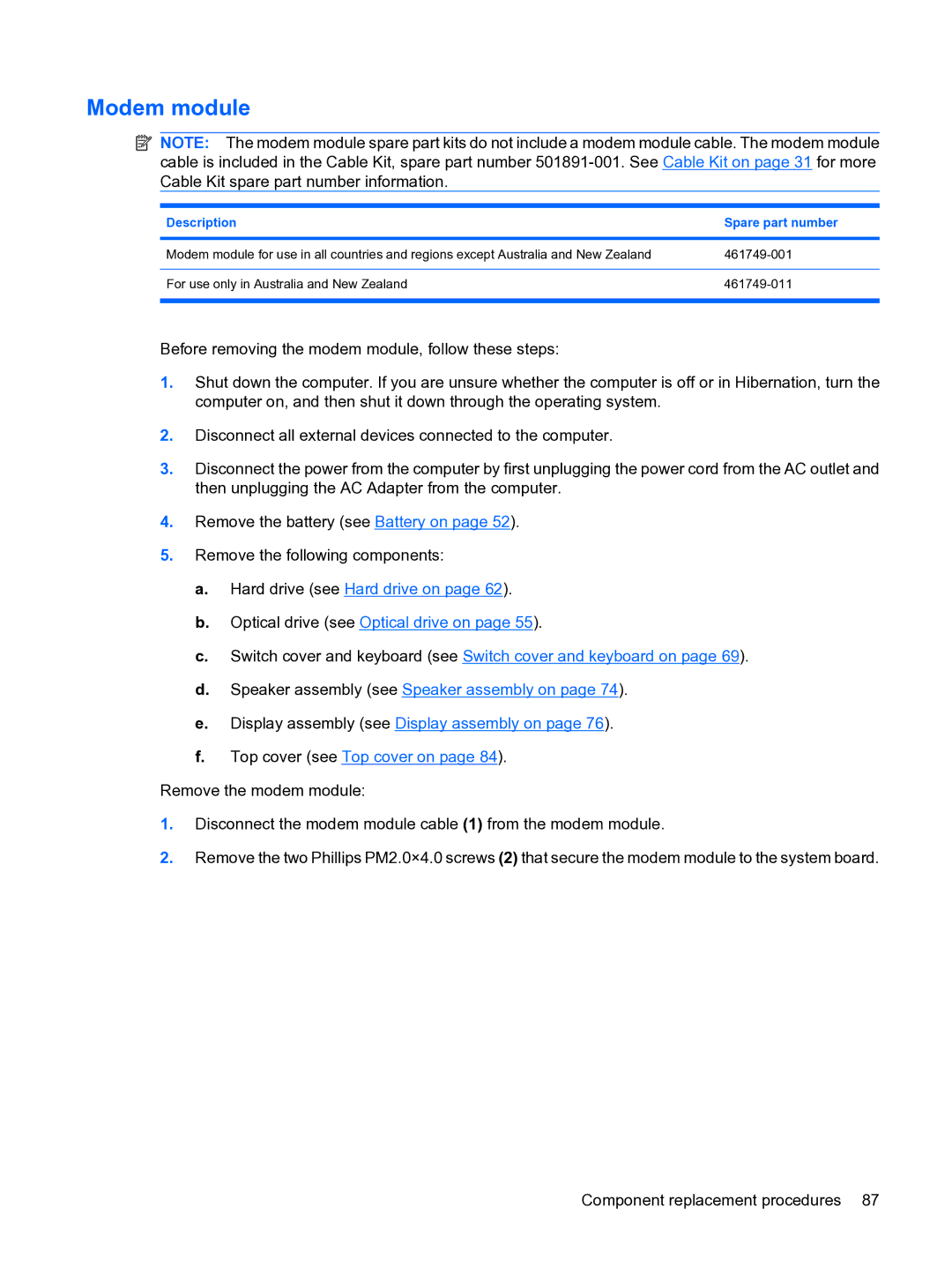 HP DV5 manual Modem module, Description Spare part number 