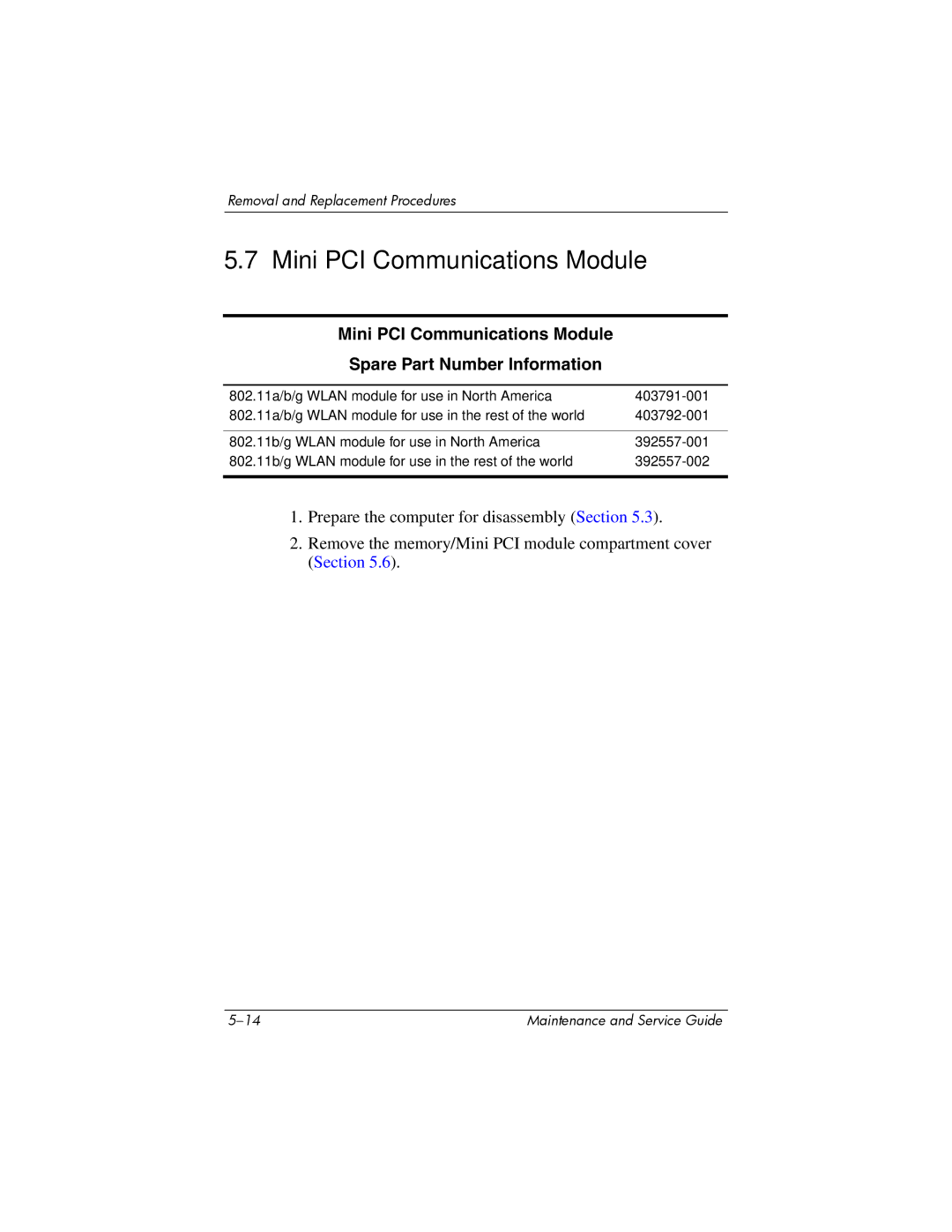 HP dv5000 dv5000 manual Mini PCI Communications Module Spare Part Number Information 