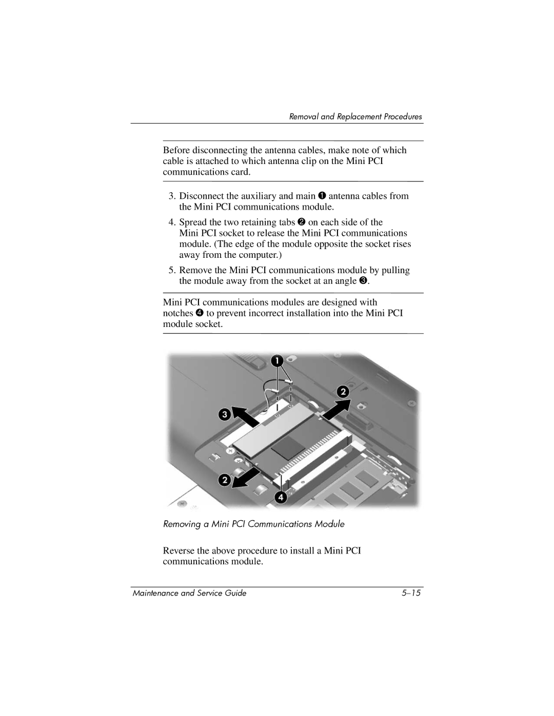 HP dv5000 dv5000 manual Removing a Mini PCI Communications Module 