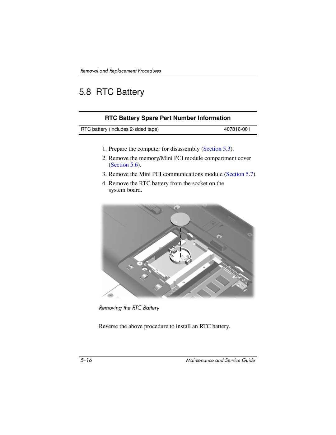 HP dv5000 dv5000 manual RTC Battery Spare Part Number Information 