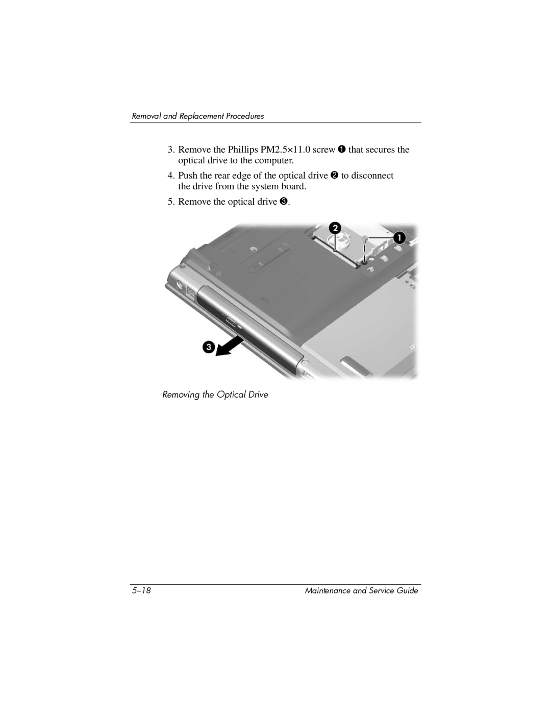 HP dv5000 dv5000 manual Removing the Optical Drive 