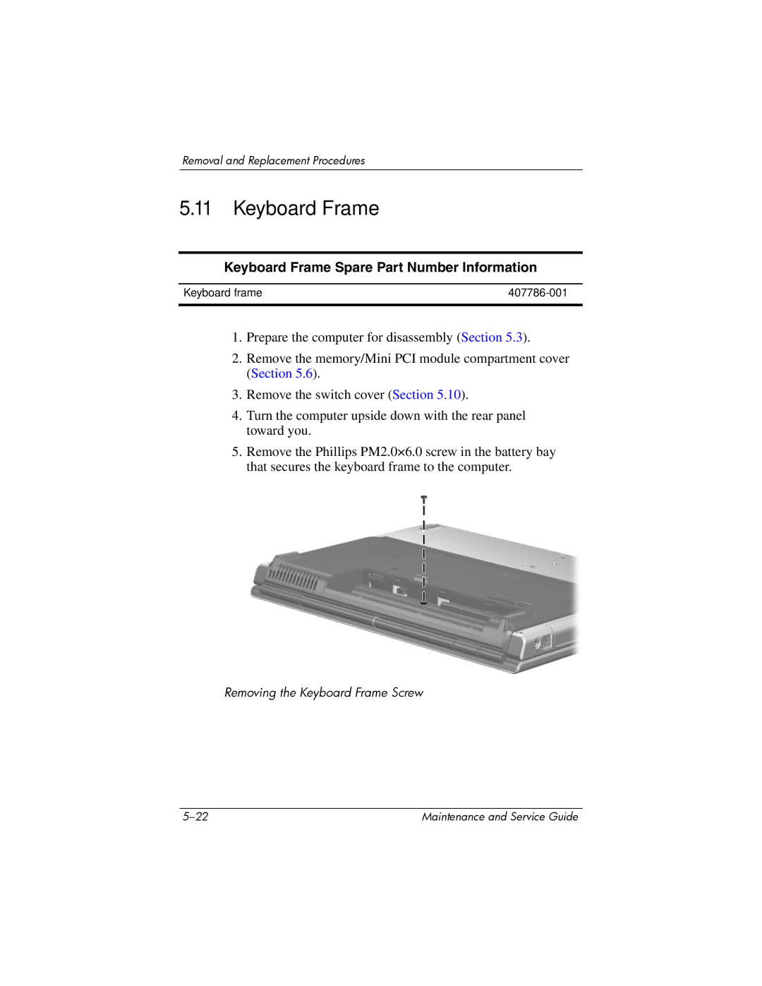 HP dv5000 dv5000 manual Keyboard Frame Spare Part Number Information 