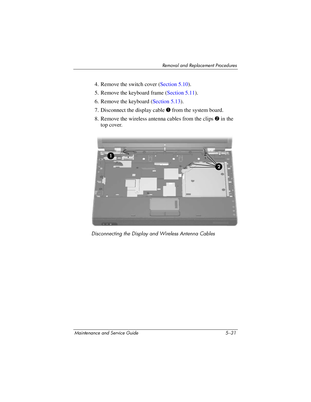 HP dv5000 dv5000 manual Disconnecting the Display and Wireless Antenna Cables 