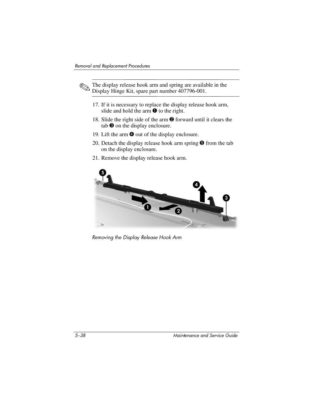 HP dv5000 dv5000 manual Removing the Display Release Hook Arm 