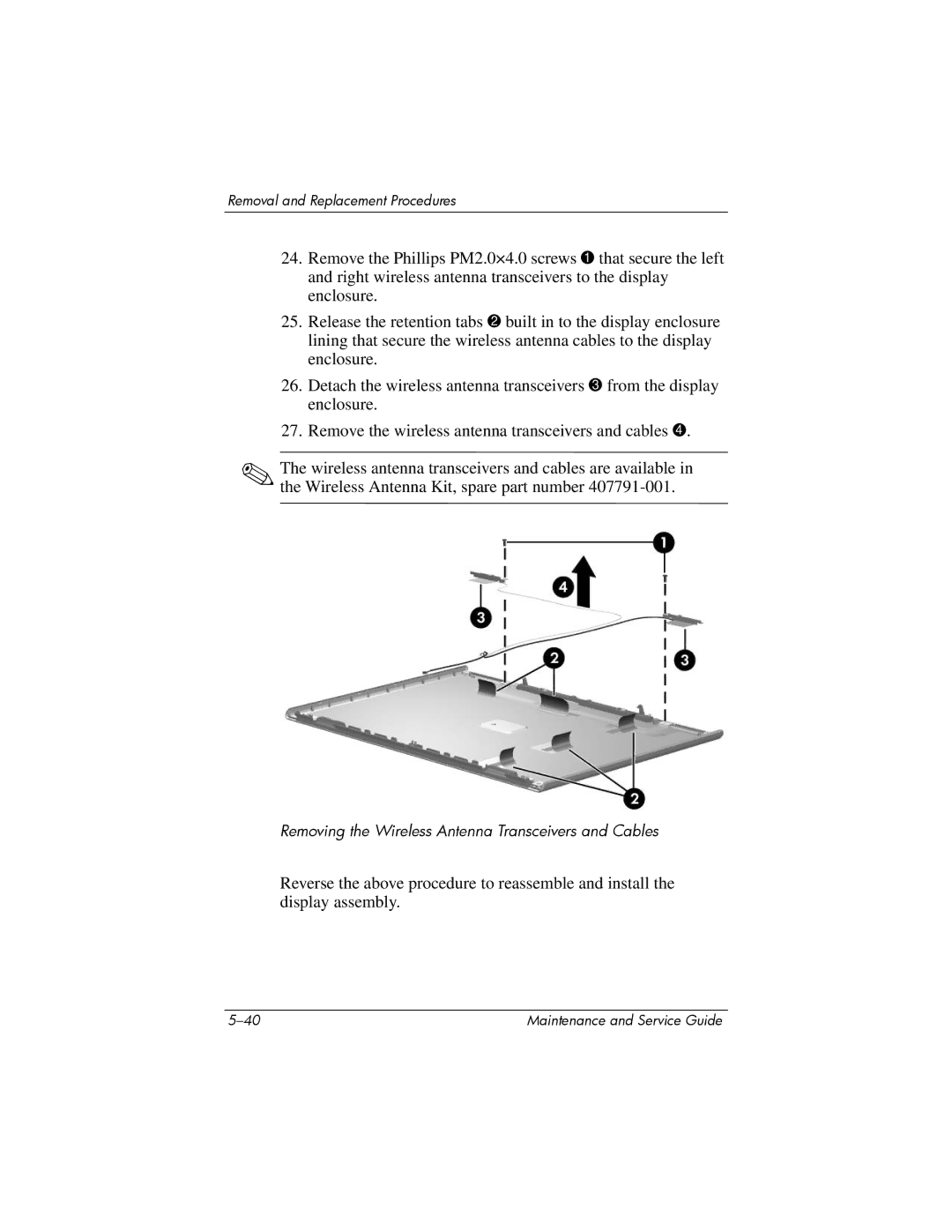 HP dv5000 dv5000 manual Removing the Wireless Antenna Transceivers and Cables 