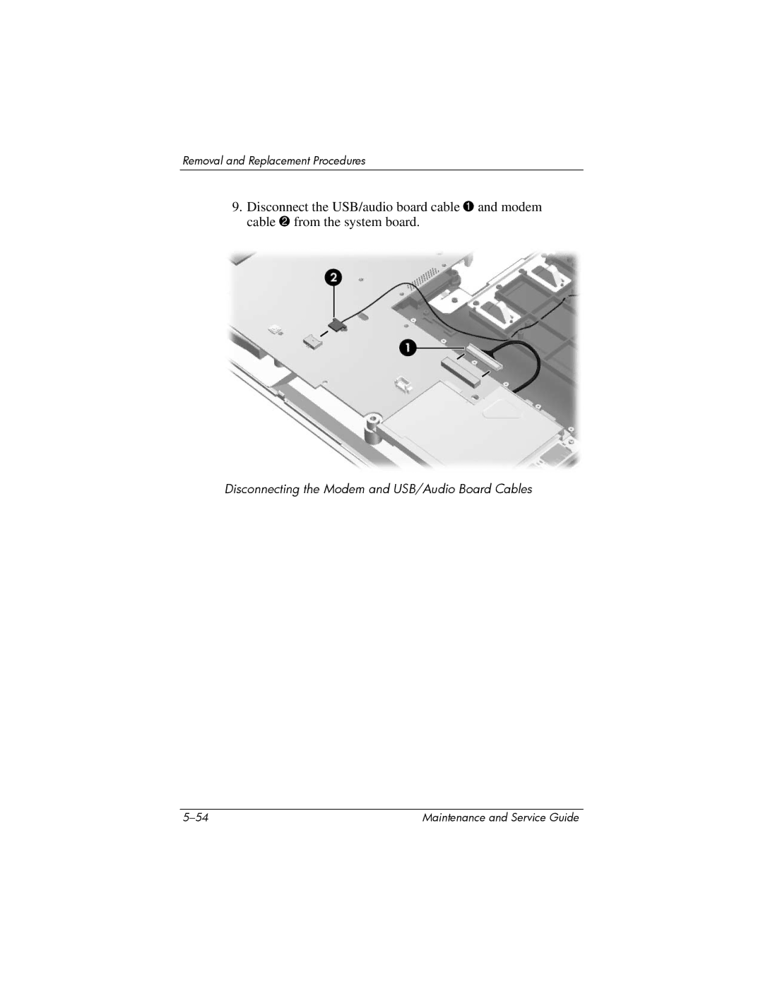 HP dv5000 dv5000 manual Disconnecting the Modem and USB/Audio Board Cables 