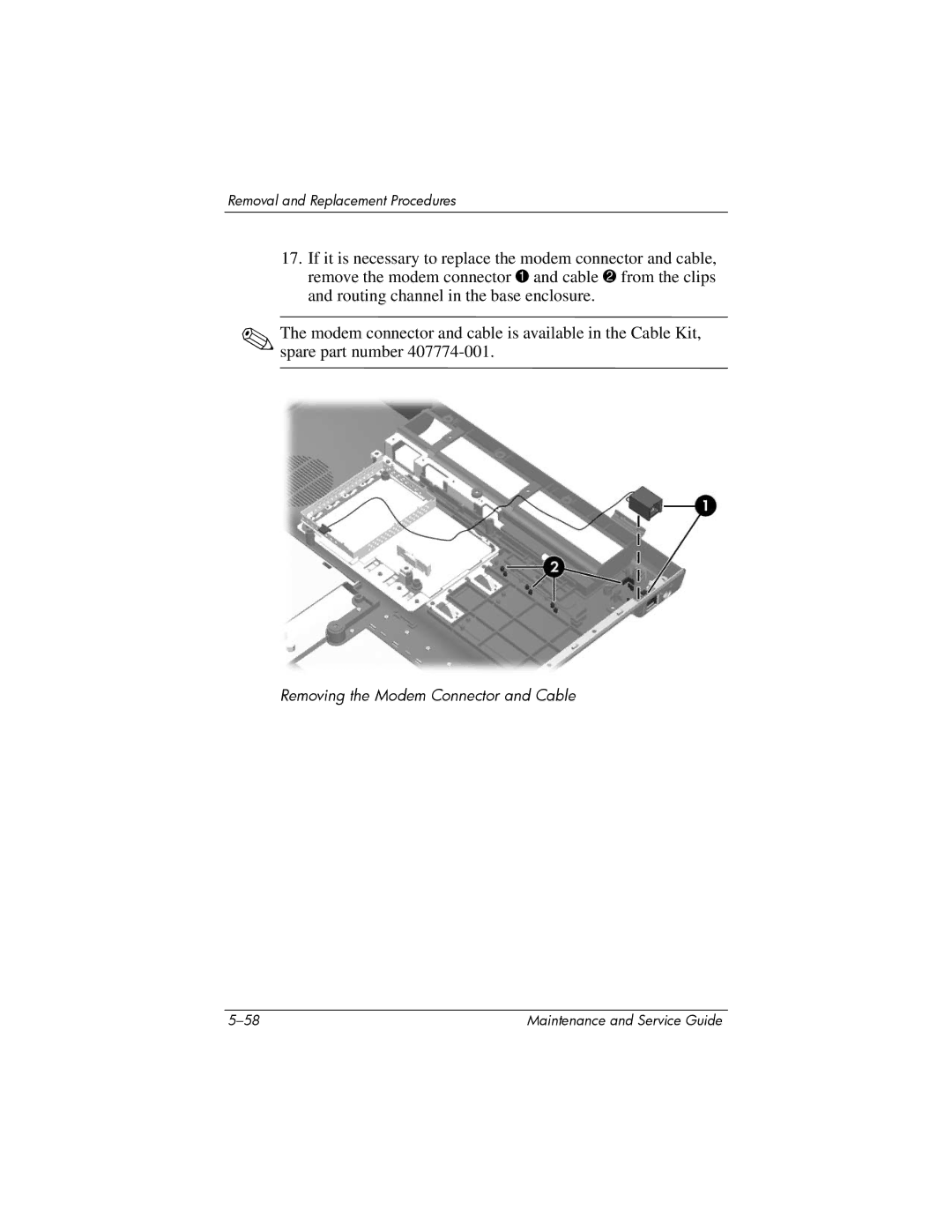 HP dv5000 dv5000 manual Removing the Modem Connector and Cable 